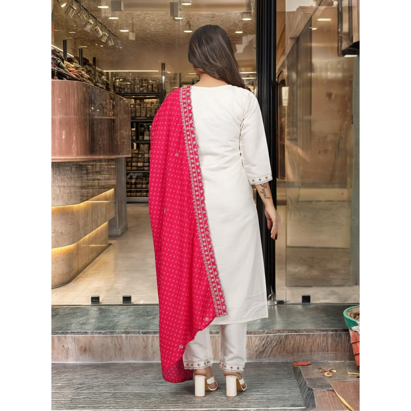 Navlik Women's White Chanderi Embroidered Straight Kurta with Chanderi Pant and Muslin Printed Dupatta Sets (NK-SC-Lak) (Size Small, Color Rani)