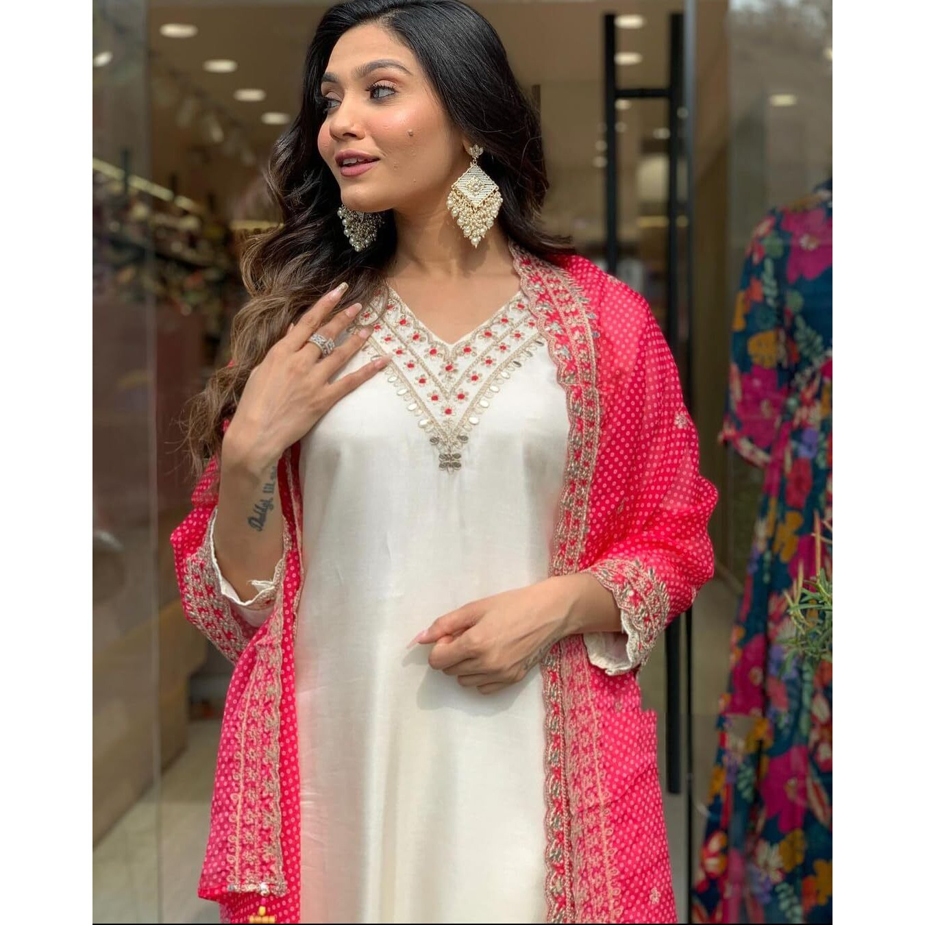 Navlik Women's White Chanderi Embroidered Straight Kurta with Chanderi Pant and Muslin Printed Dupatta Sets (NK-SC-Lak) (Size Small, Color Rani)
