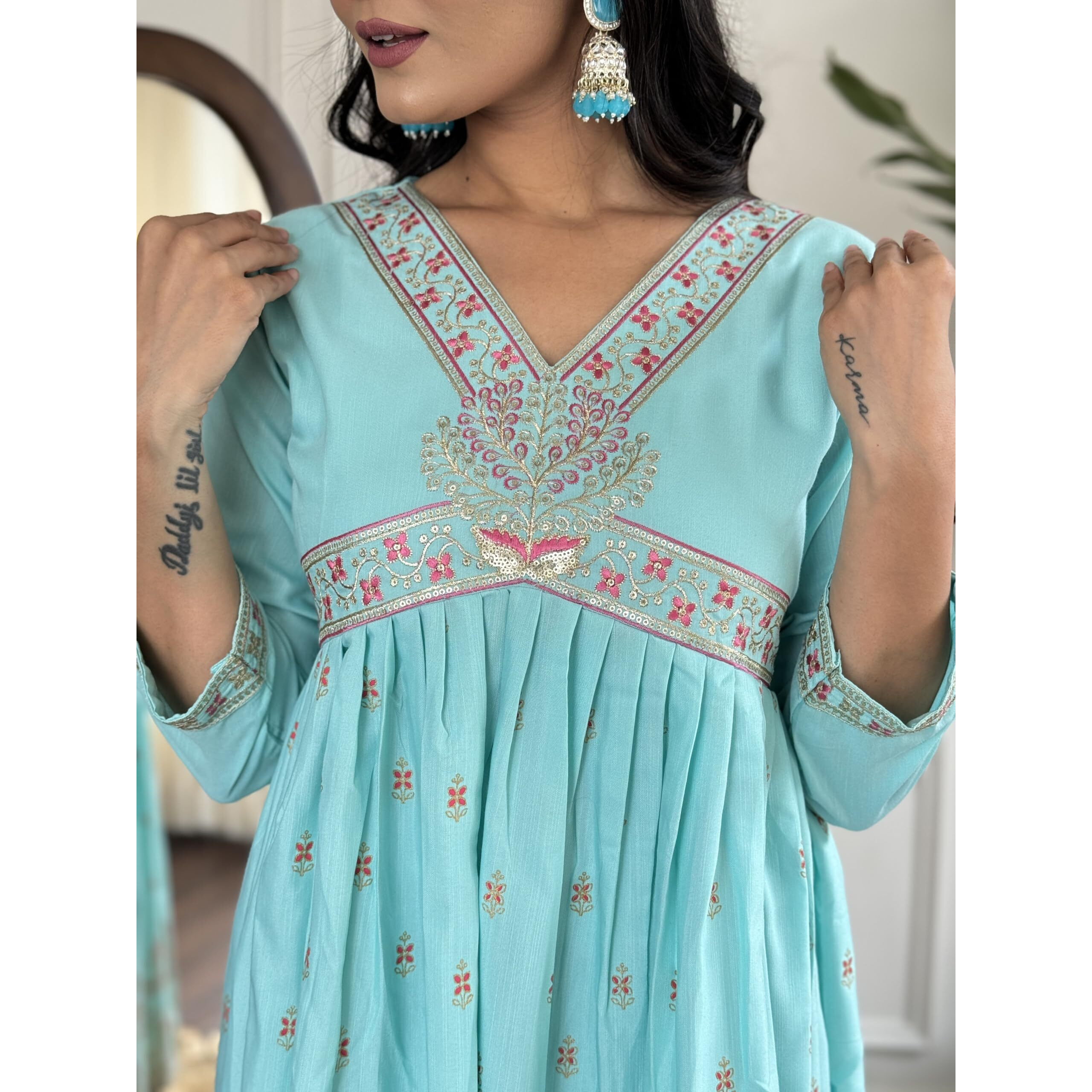 Navlik Women's Sky Rayon Slub Embroidered Flared Kurta with Rayon Slub Pant and Organza Laced Dupatta Sets (NK-SC-Manjari) (Size XX-Large, Color Sky)