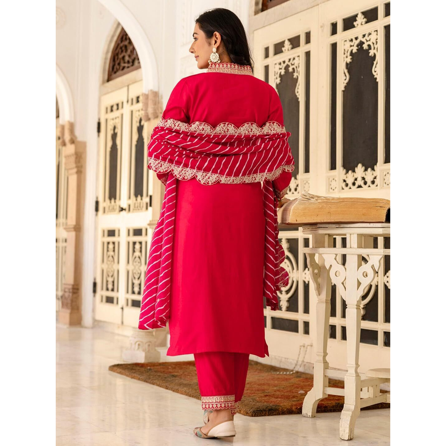 Navlik Women's Red Chanderi Embroidered Straight Kurta with Chanderi Pant and Muslin Printed Dupatta Sets (NK-SC-Parul) (Size Large, Color Red)