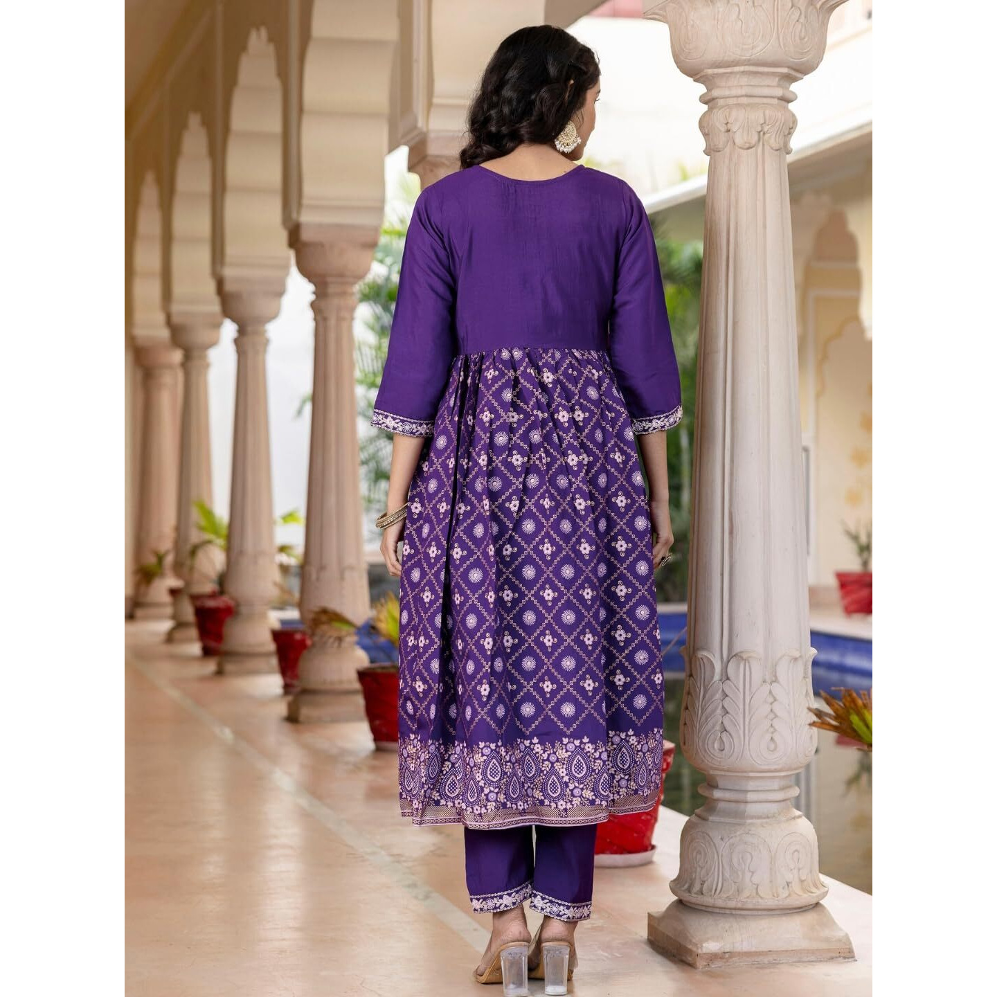 Navlik Women's Chanderi Silk Embroidered Flared Kurta with Pant and Dupatta Sets (SC-Raavi) (Size X-Large, Color Voilet)