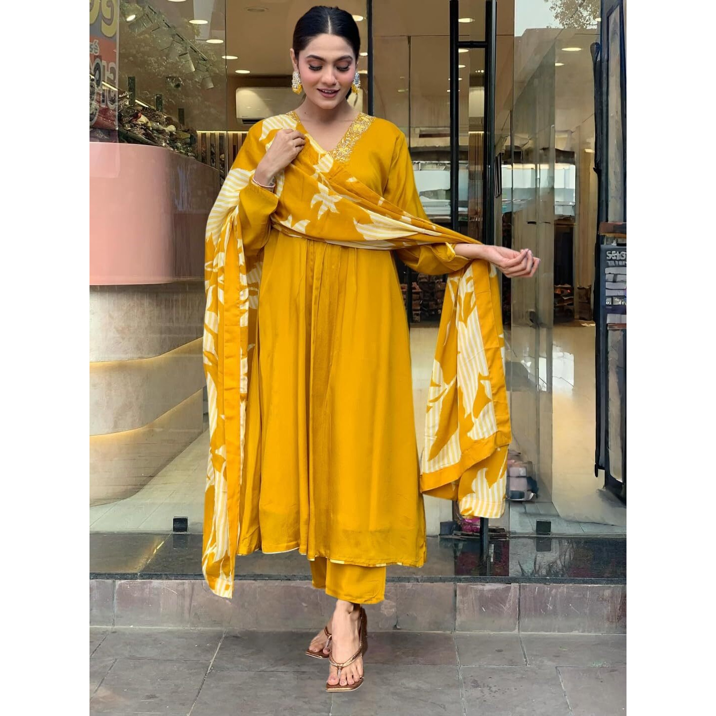 Navlik Women's Chinon Silk Embroidered Flared Kurta with Pant and Dupatta Sets (SC-Ramika) (Size Large, Color Mustard)