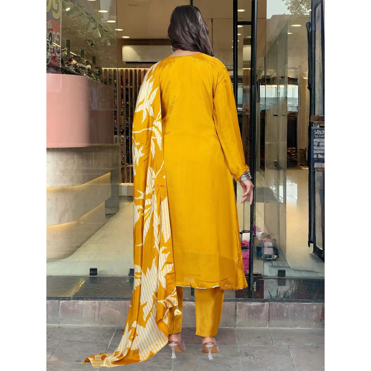 Navlik Women's Chinon Silk Embroidered Flared Kurta with Pant and Dupatta Sets (SC-Ramika) (Size Large, Color Mustard)