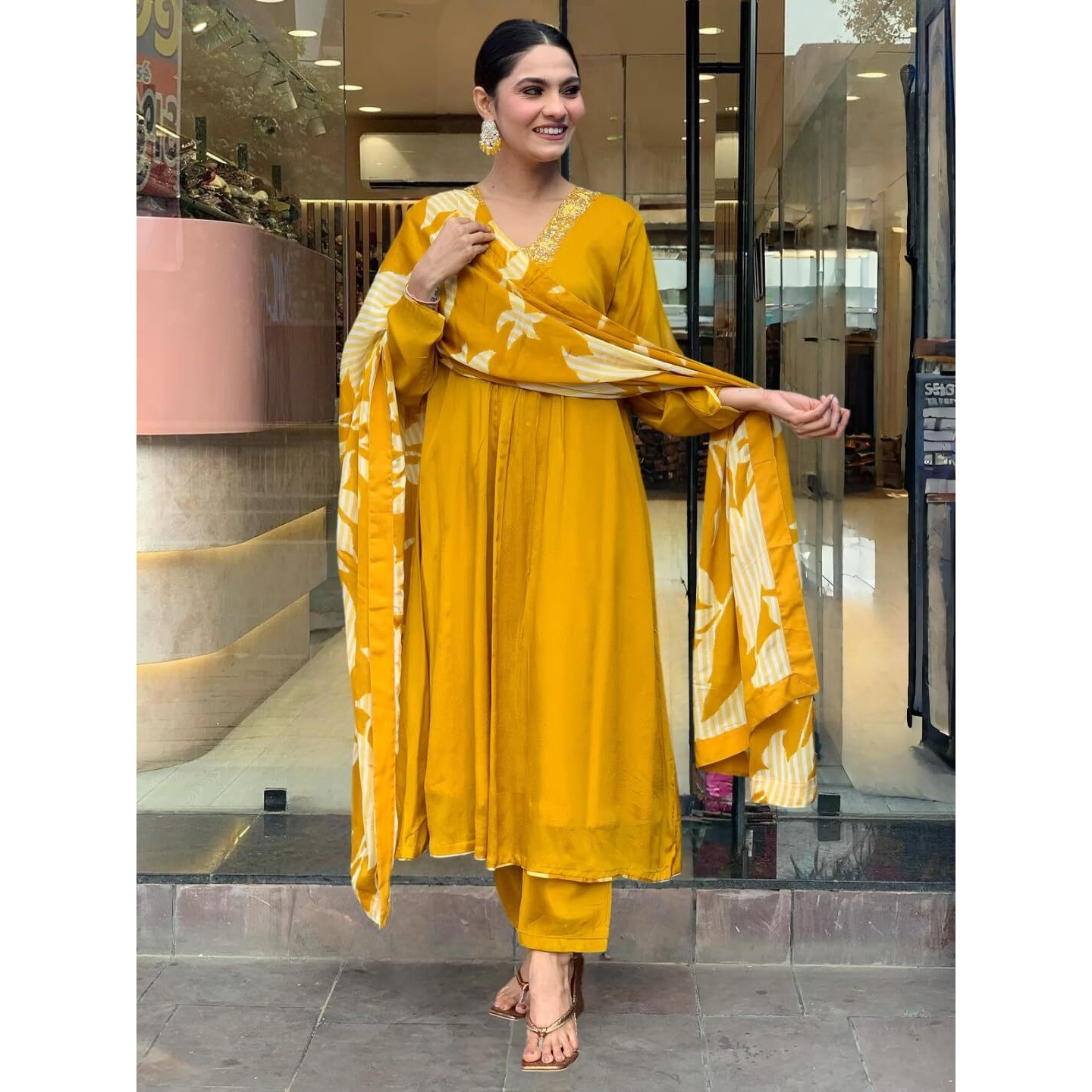 Navlik Women's Chinon Silk Embroidered Flared Kurta with Pant and Dupatta Sets (SC-Ramika) (Size Large, Color Mustard)