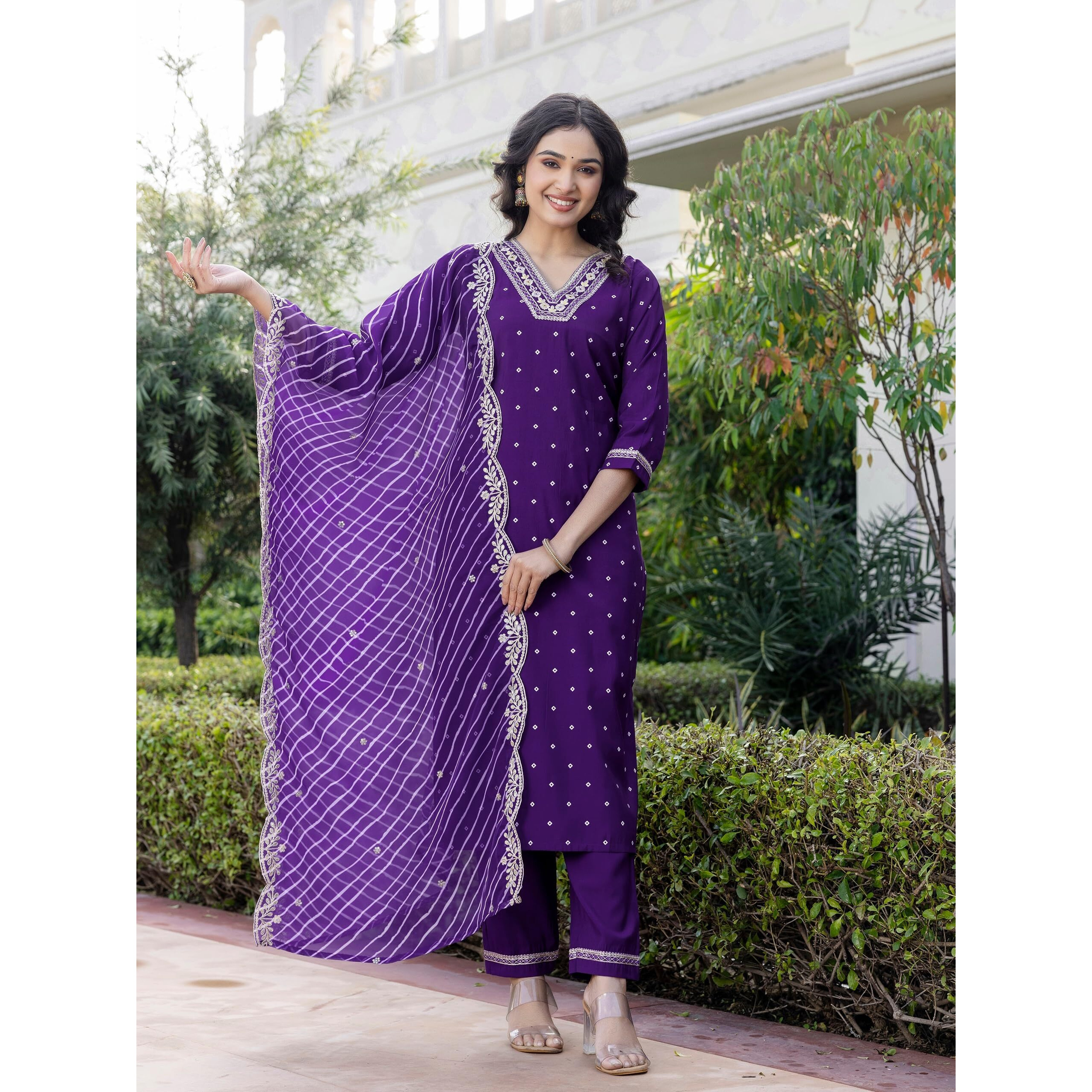 Navlik Women's Violate Chanderi Silk Embroidered Straight Kurta with Chanderi Silk Pant and Taby Laced Dupatta Sets (NK-SC-Sakhi) (Size X-Large, Color Violate)