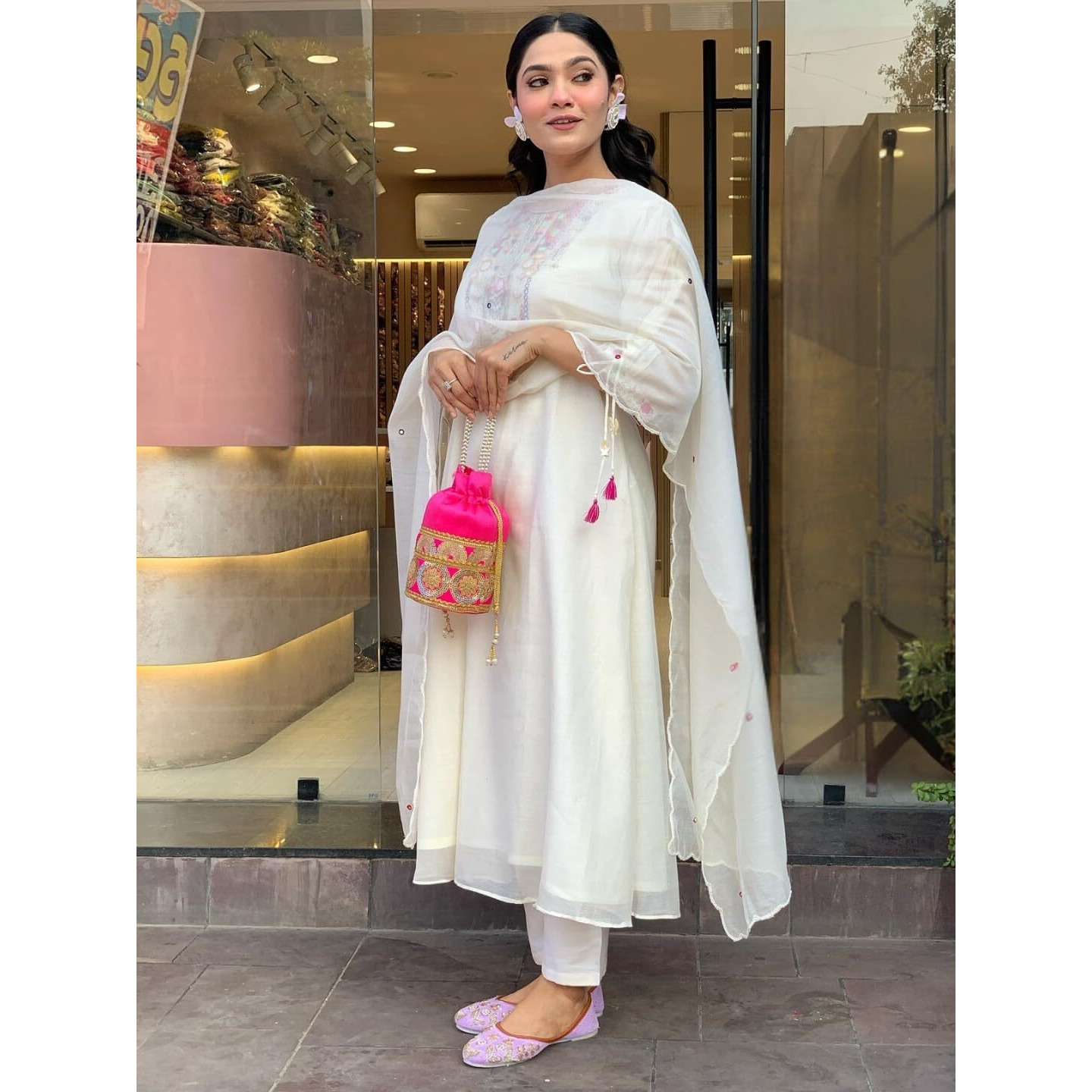 Navlik Women's Chanderi Silk Embroidered A-Line Kurta with Pant And Dupatta Sets (SC-Yamini) (Size Large, Color Off White)