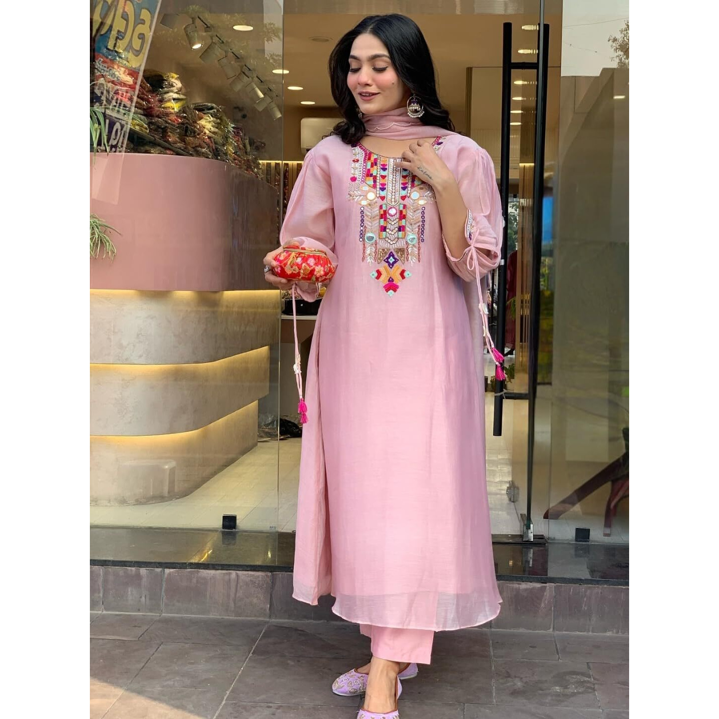 Navlik Women's Chanderi Silk Embroidered A-Line Kurta with Pant And Dupatta Sets (SC-Yamini) (Size Small, Color Pink)