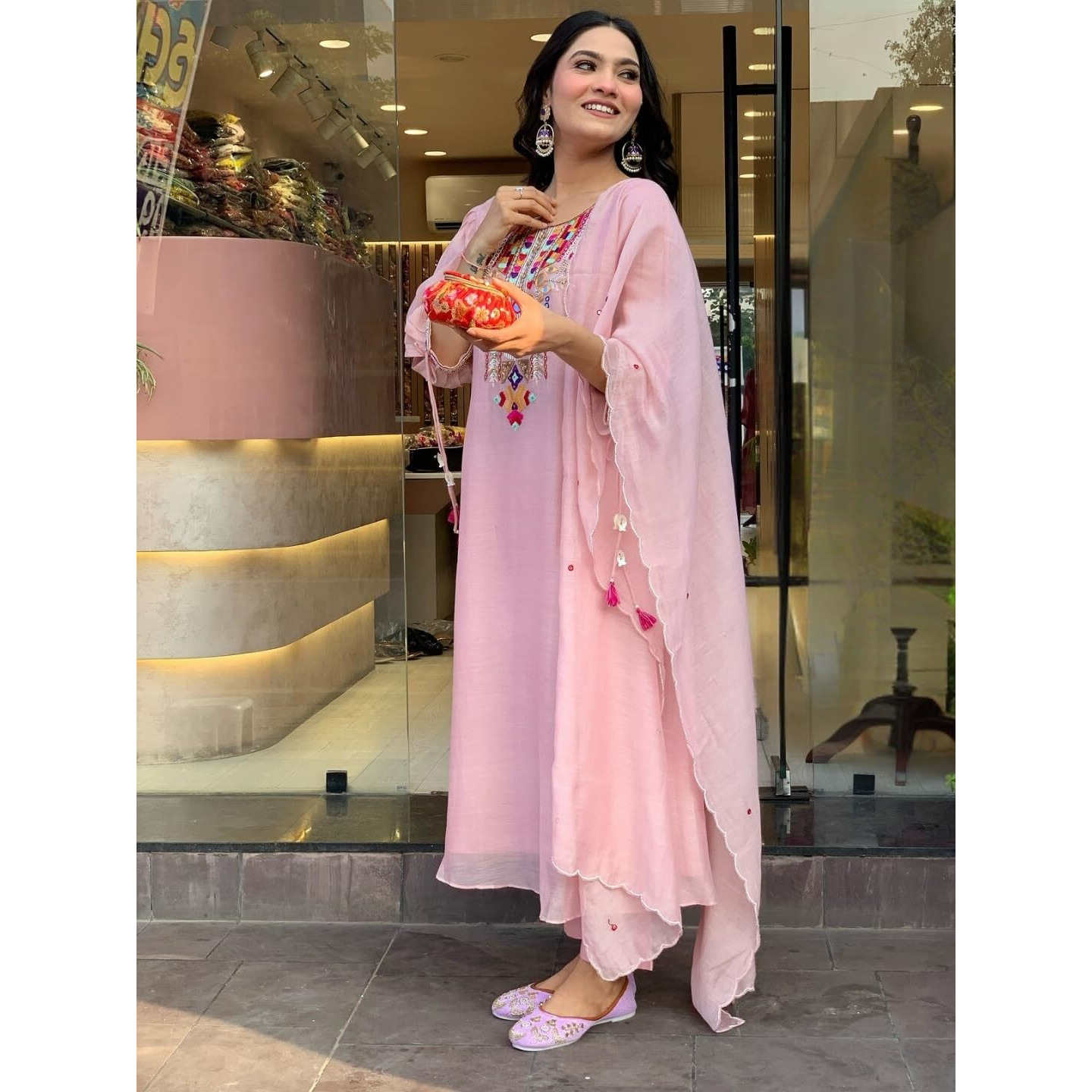 Navlik Women's Chanderi Silk Embroidered A-Line Kurta with Pant And Dupatta Sets (SC-Yamini) (Size X-Large, Color Pink)