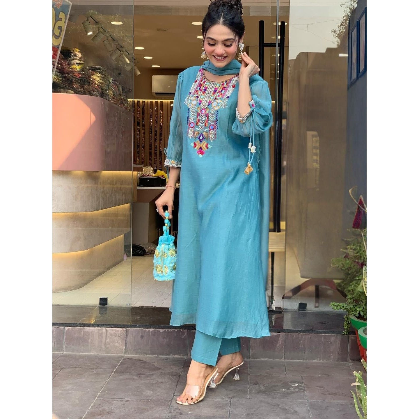 Navlik Women's Chanderi Silk Embroidered A-Line Kurta with Pant And Dupatta Sets (SC-Yamini) (Size Medium, Color Sky)