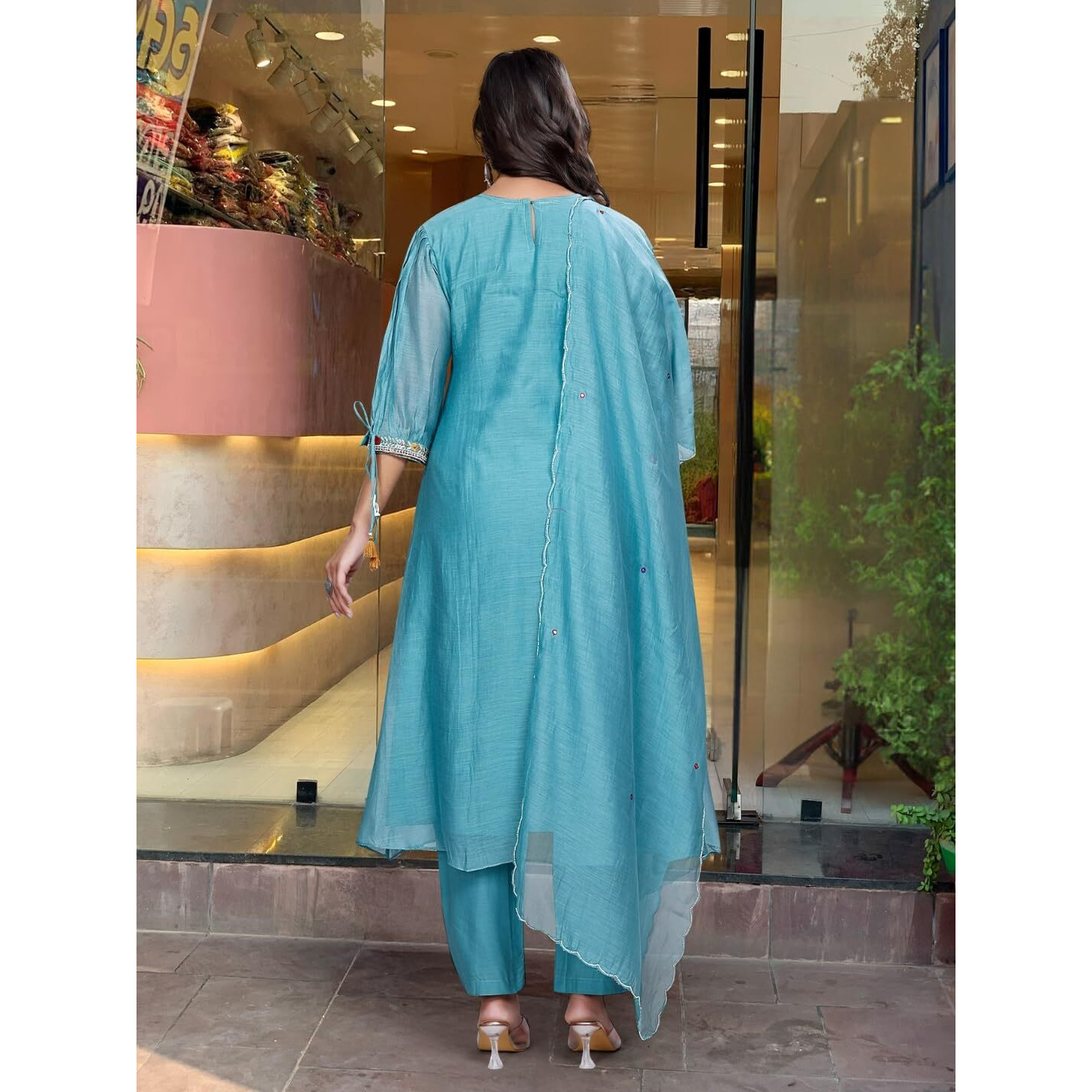 Navlik Women's Chanderi Silk Embroidered A-Line Kurta with Pant And Dupatta Sets (SC-Yamini) (Size Medium, Color Sky)