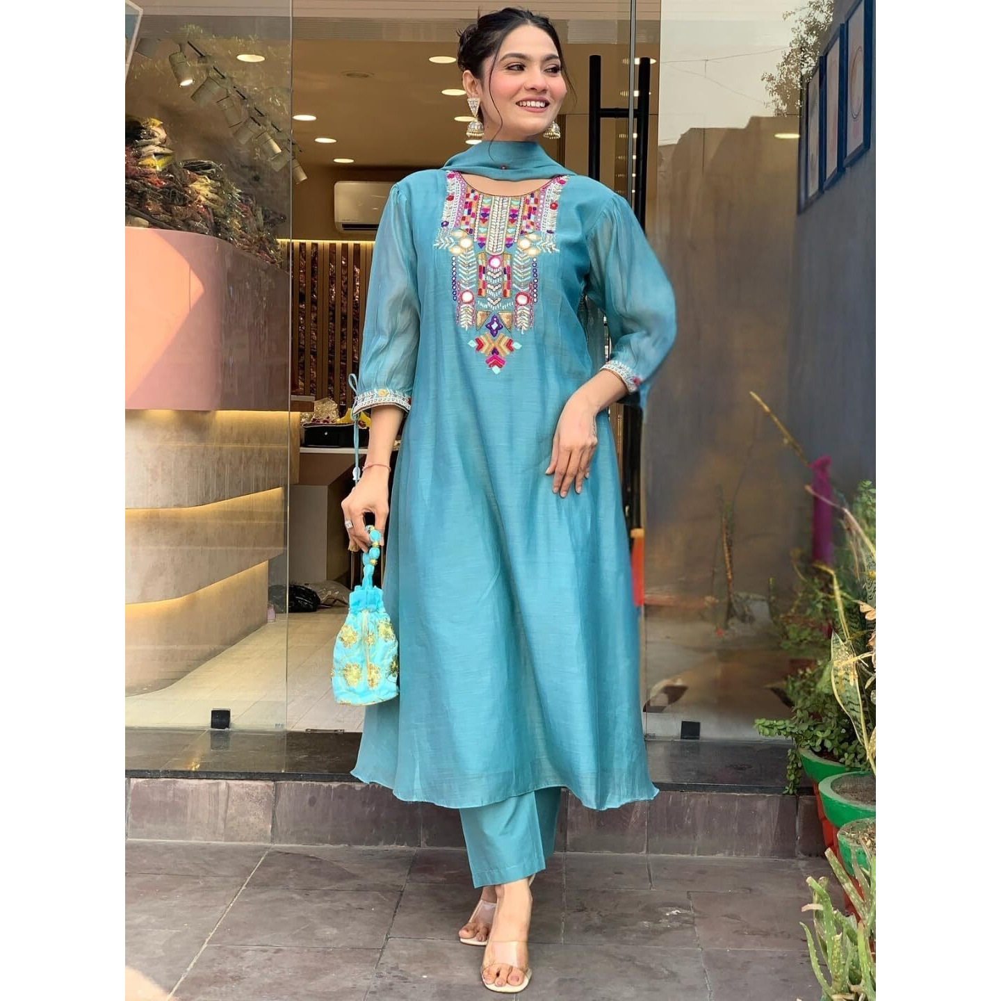 Navlik Women's Chanderi Silk Embroidered A-Line Kurta with Pant And Dupatta Sets (SC-Yamini) (Size Medium, Color Sky)