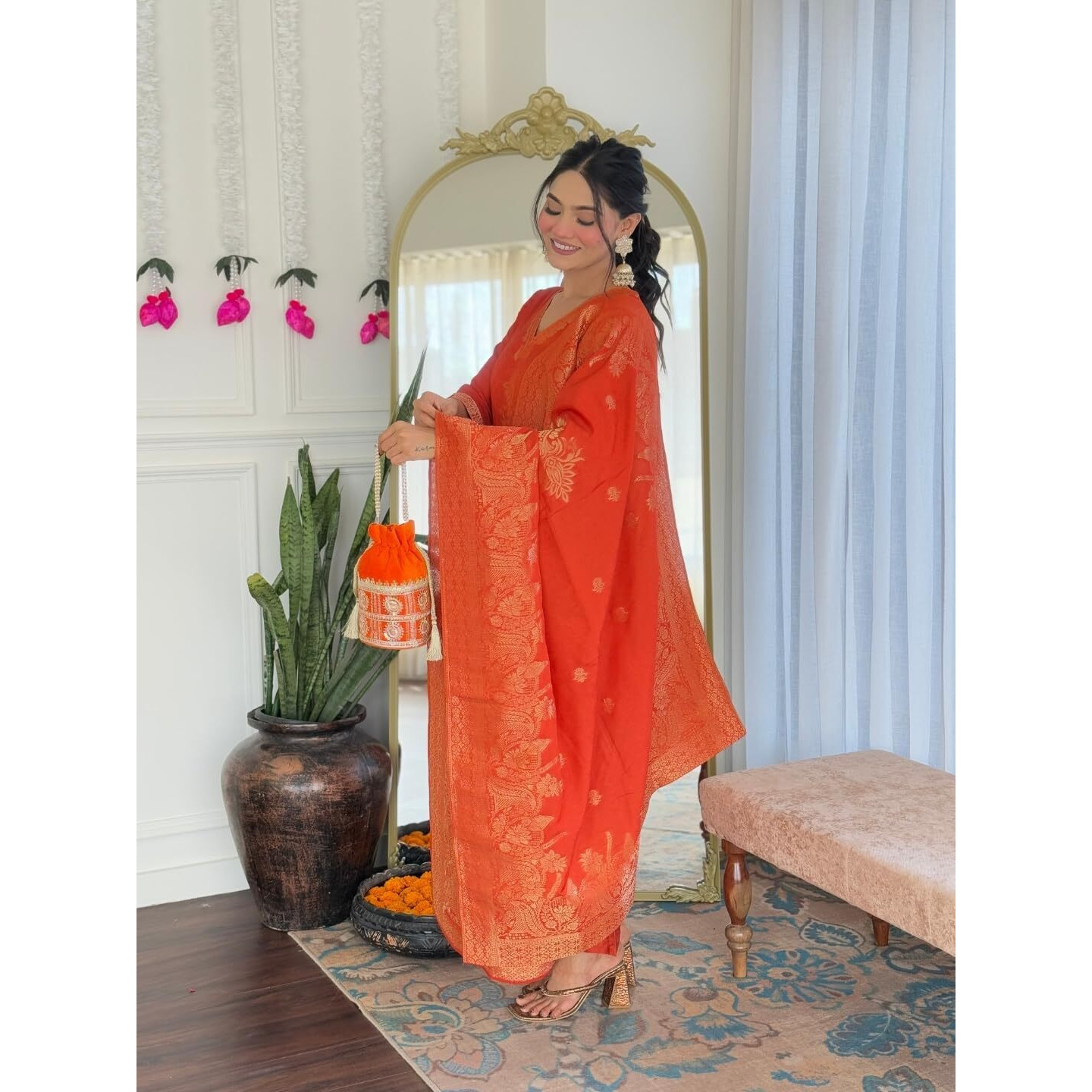 Navlik Women's Jacquard Viscose Embroidered Straight Kurta with Pant and Dupatta Sets (NK-S-Divya) (Size Medium, Color Rush)