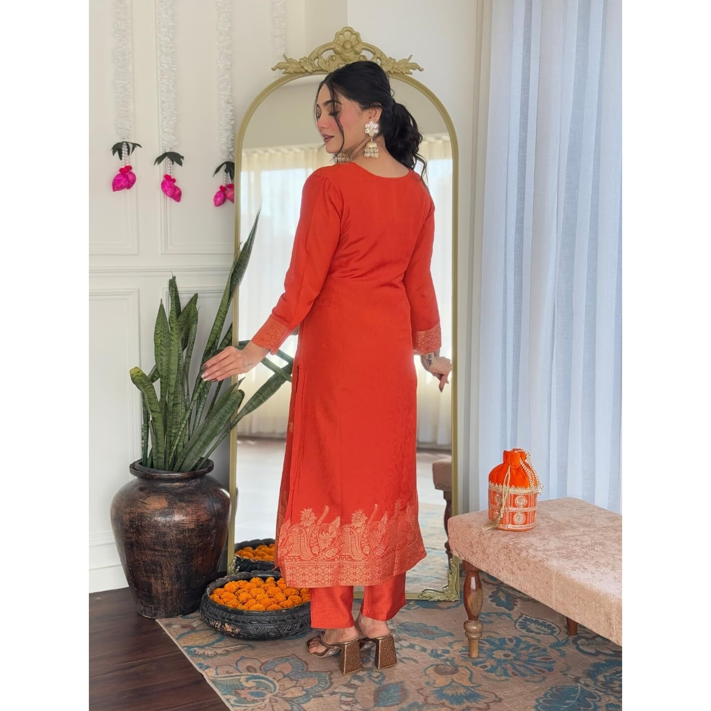 Navlik Women's Jacquard Viscose Embroidered Straight Kurta with Pant and Dupatta Sets (NK-S-Divya) (Size Medium, Color Rush)