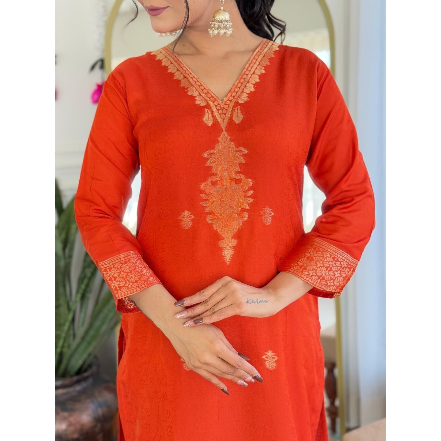 Navlik Women's Jacquard Viscose Embroidered Straight Kurta with Pant and Dupatta Sets (NK-S-Divya) (Size Medium, Color Rush)