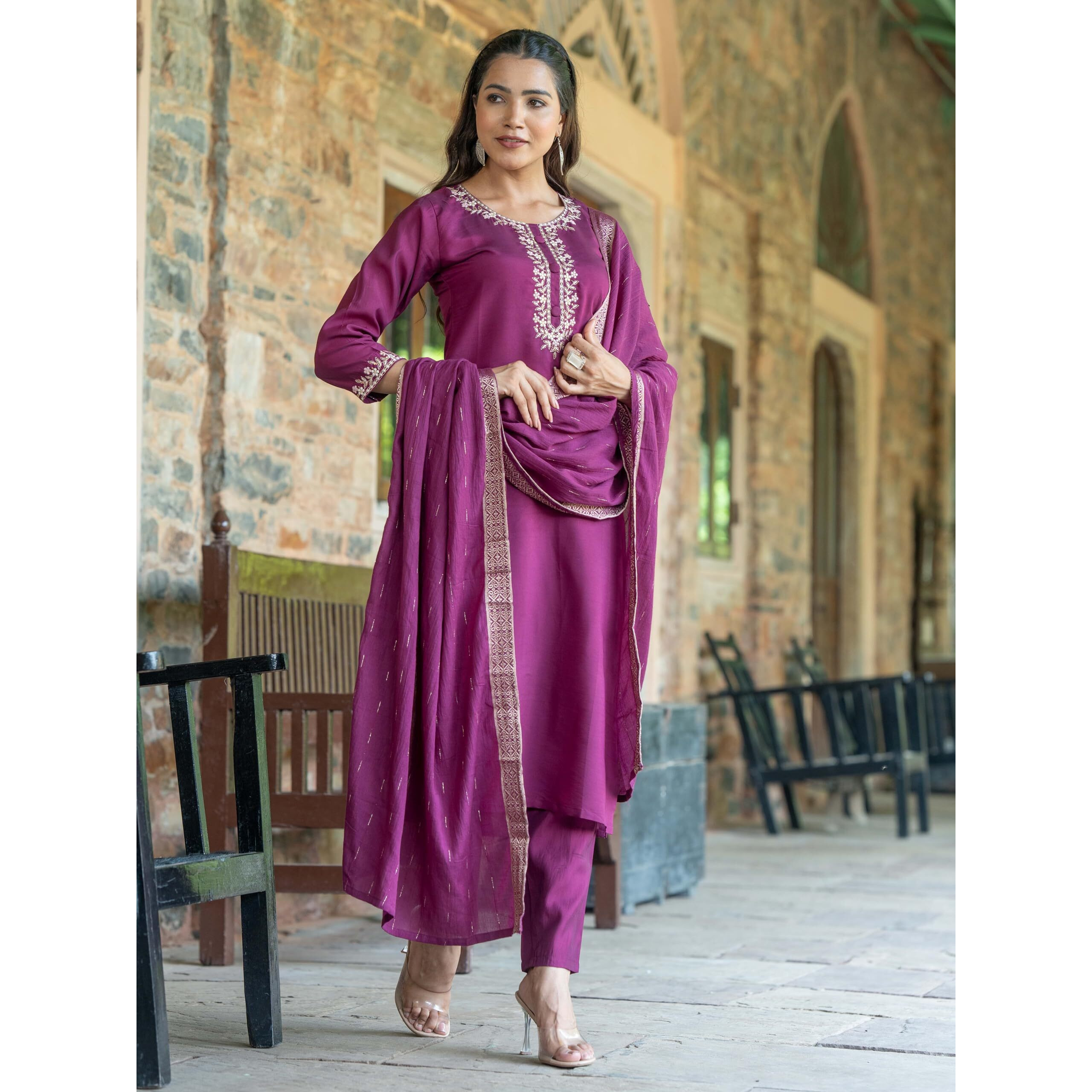 Navlik Women's Chanderi Viscose Embroidered Straight Kurta with Pant And Dupatta Sets (S-Emily) (Size XXX-Large, Color Wine)