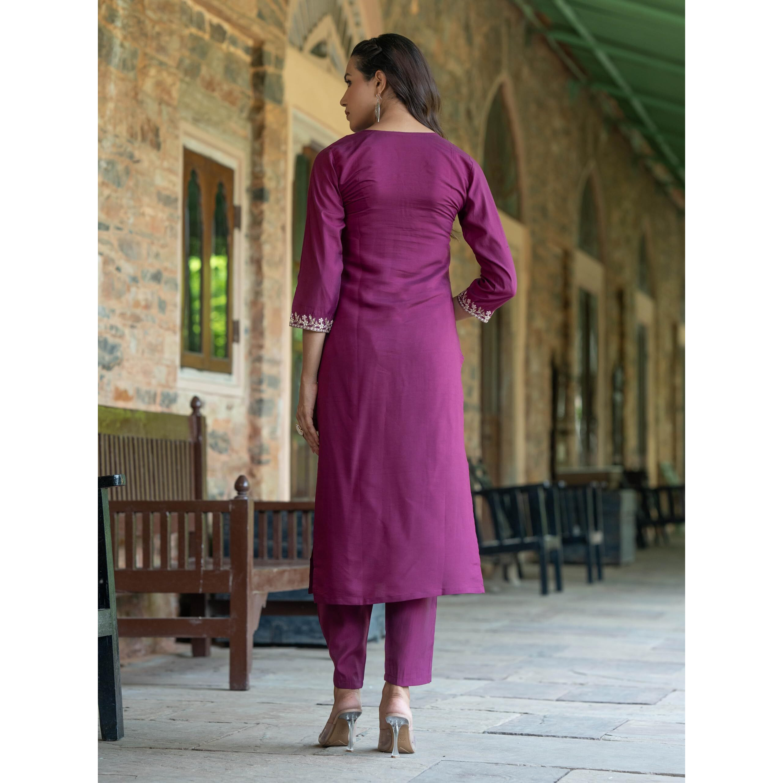 Navlik Women's Chanderi Viscose Embroidered Straight Kurta with Pant And Dupatta Sets (S-Emily) (Size XXX-Large, Color Wine)