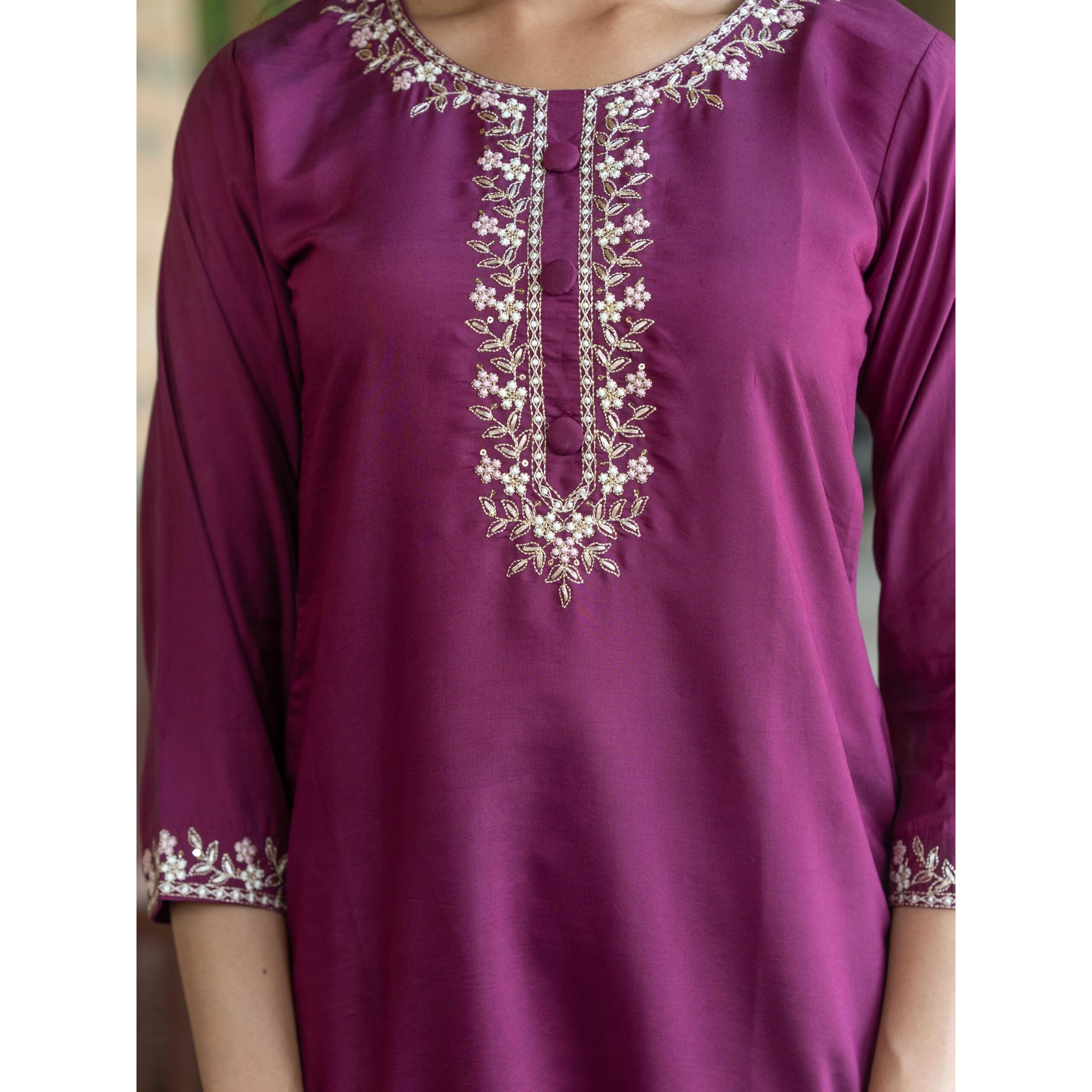 Navlik Women's Chanderi Viscose Embroidered Straight Kurta with Pant And Dupatta Sets (S-Emily) (Size XXX-Large, Color Wine)