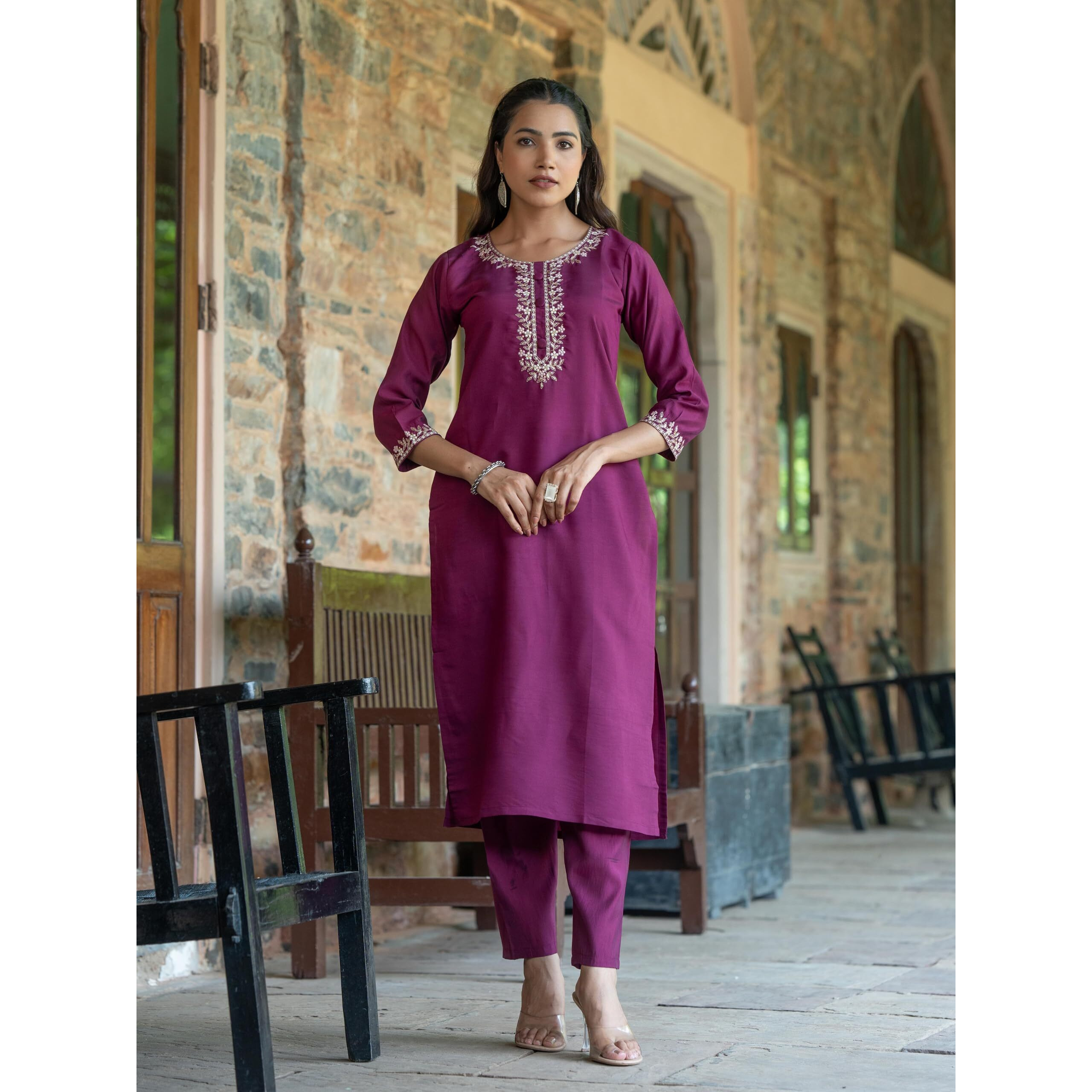Navlik Women's Chanderi Viscose Embroidered Straight Kurta with Pant And Dupatta Sets (S-Emily) (Size XXX-Large, Color Wine)