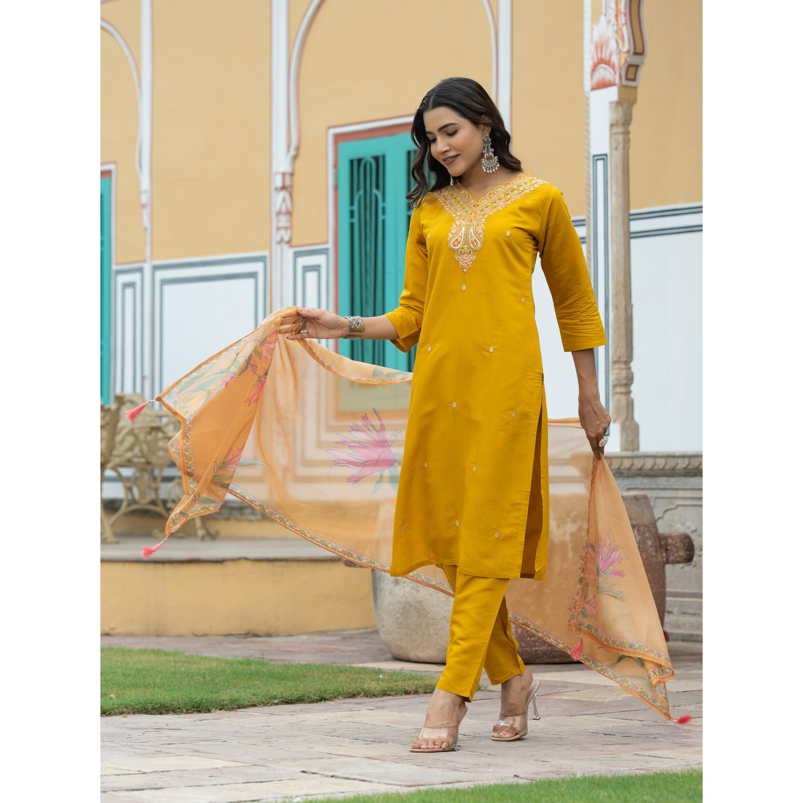 Navlik Women's Viscose Silk Embroidered Straight Kurta with Pant and Dupatta Sets (S-Gauri) (Size Small, Color Mustard)