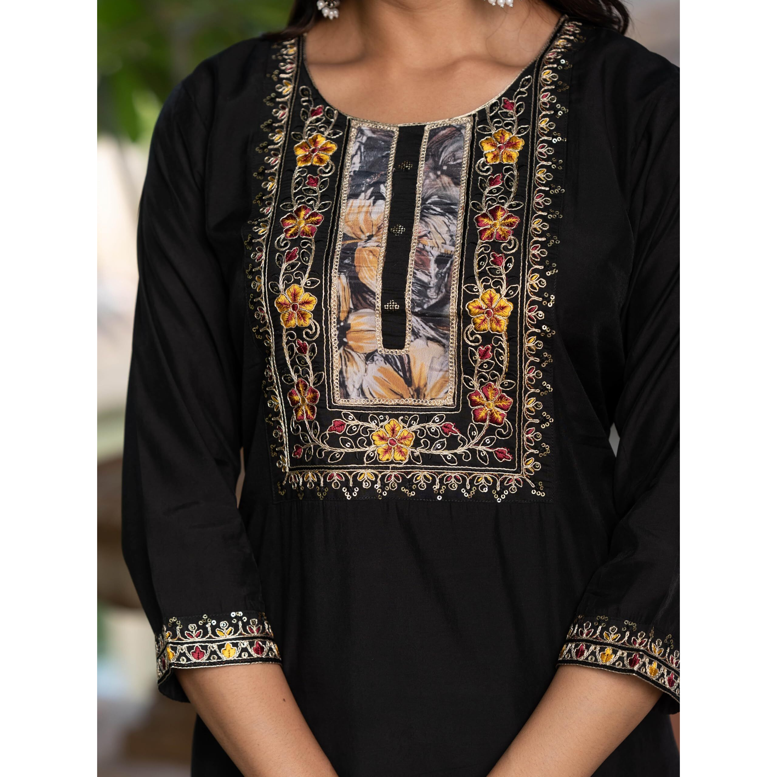Navlik Women's Chanderi Viscose Embroidered Straight Kurta with Pant and Dupatta Sets (S-Hazel) (Size Large, Color Black)