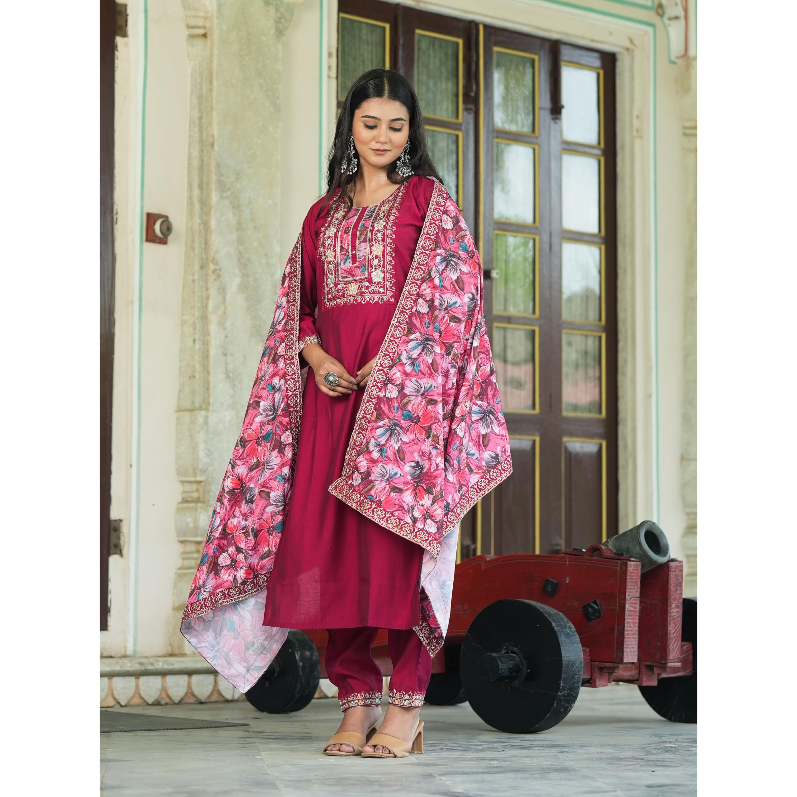 Navlik Women's Chanderi Viscose Embroidered Straight Kurta with Pant and Dupatta Sets (S-Hazel) (Size XXX-Large, Color Maroon)