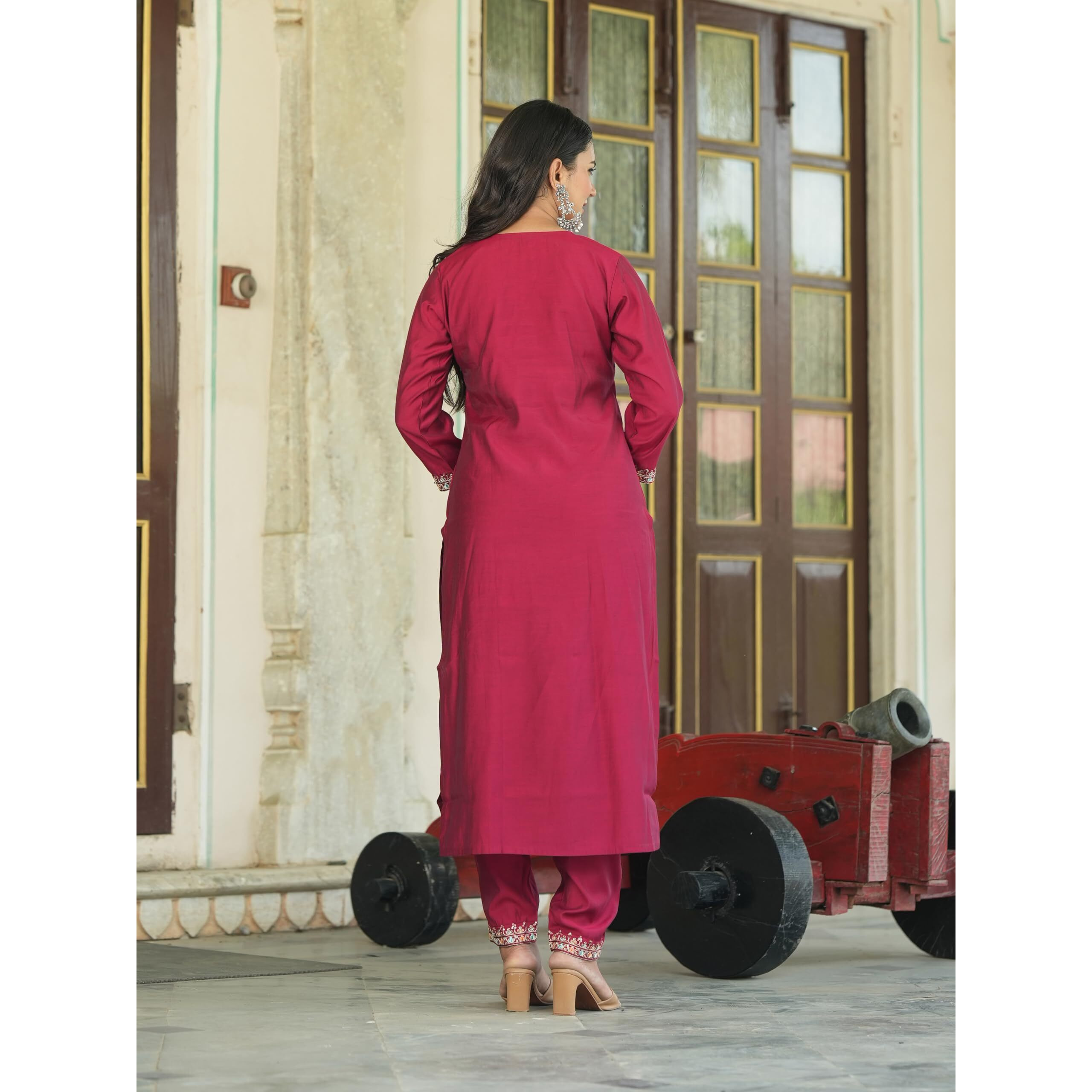 Navlik Women's Chanderi Viscose Embroidered Straight Kurta with Pant and Dupatta Sets (S-Hazel) (Size XXX-Large, Color Maroon)