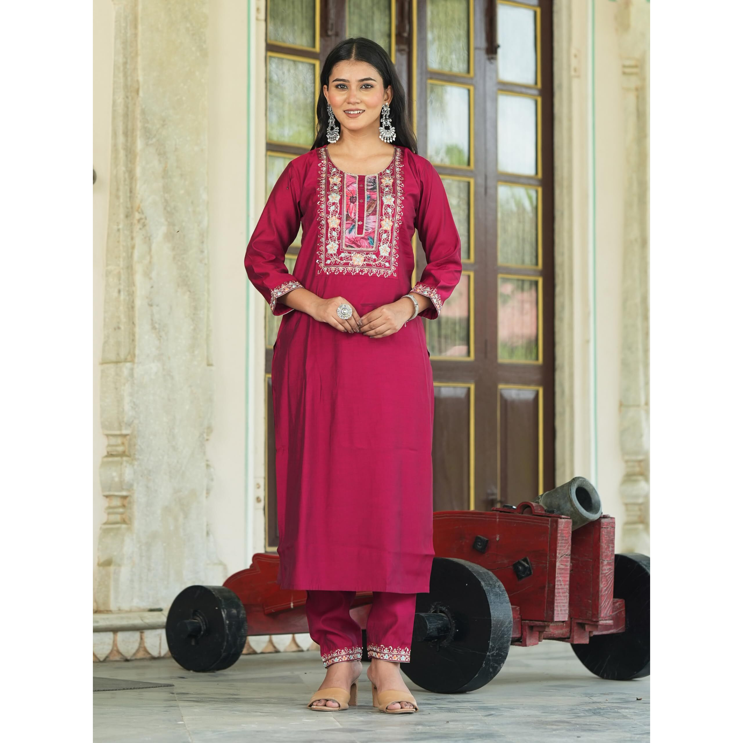 Navlik Women's Chanderi Viscose Embroidered Straight Kurta with Pant and Dupatta Sets (S-Hazel) (Size Medium, Color Maroon)
