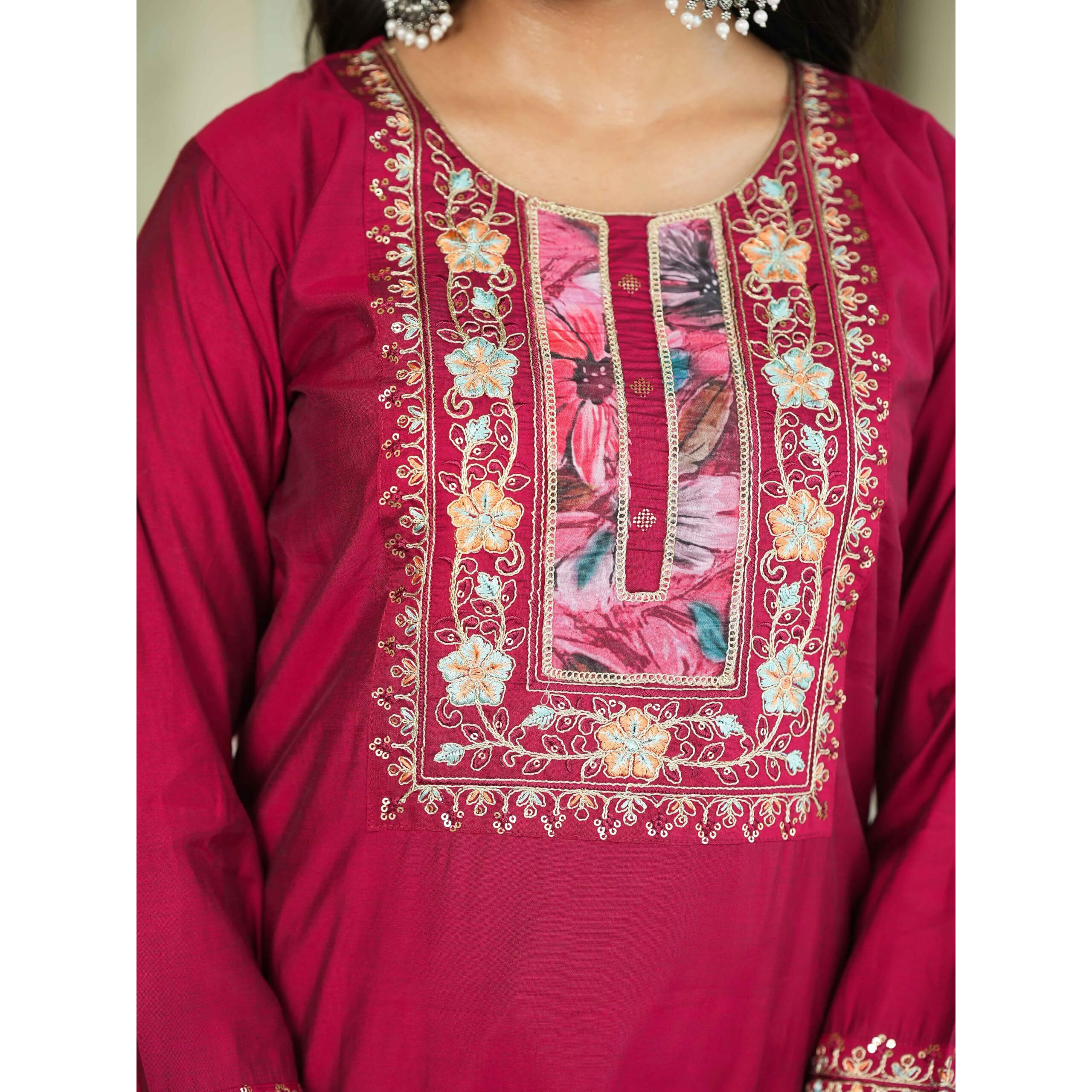 Navlik Women's Chanderi Viscose Embroidered Straight Kurta with Pant and Dupatta Sets (S-Hazel) (Size X-Large, Color Maroon)