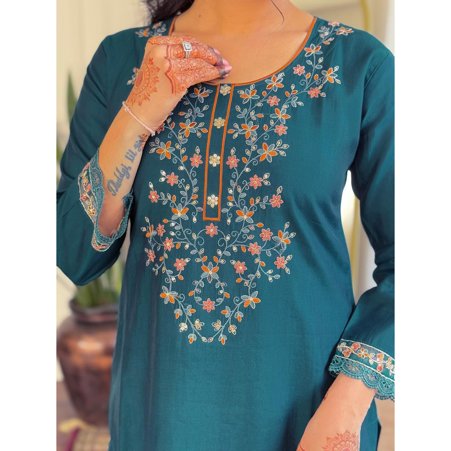 Navlik Women's Chanderi Silk Embroidered Straight Kurta Pant and Dupatta Sets (S-Isa) (Size X-Large, Color Gold)