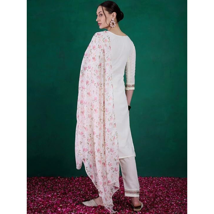 Navlik Women's Cotton Blend Embroidered Straight Kurta with Pant and Dupatta Sets (NK-S-Janvi-Cream) (Size XX-Large, Color Off White)