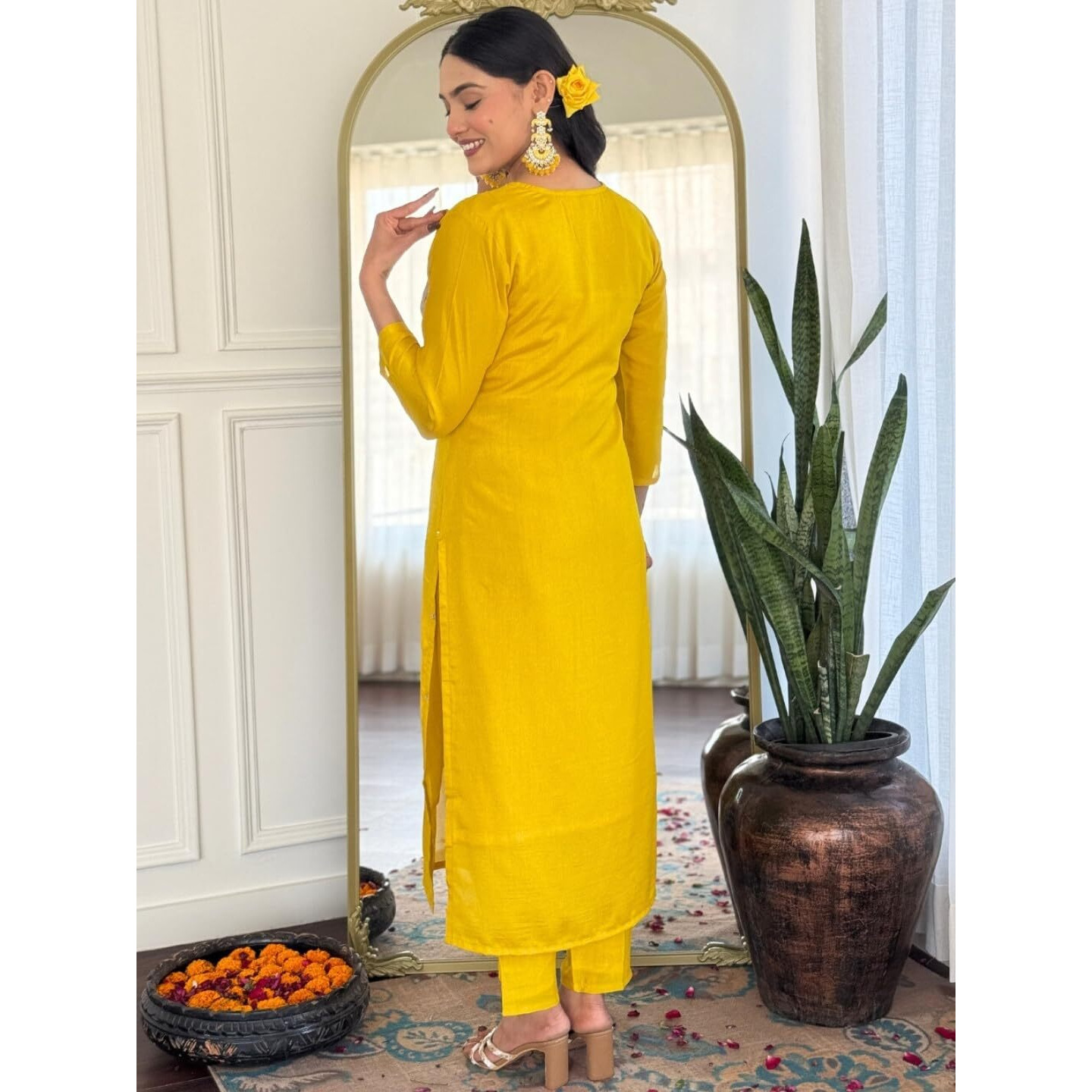 Navlik Women's Vichitra Silk Embroidered Straight Kurta with Pant and Dupatta Sets (NK-S-Jasmine) (Size XX-Large, Color Mustand)