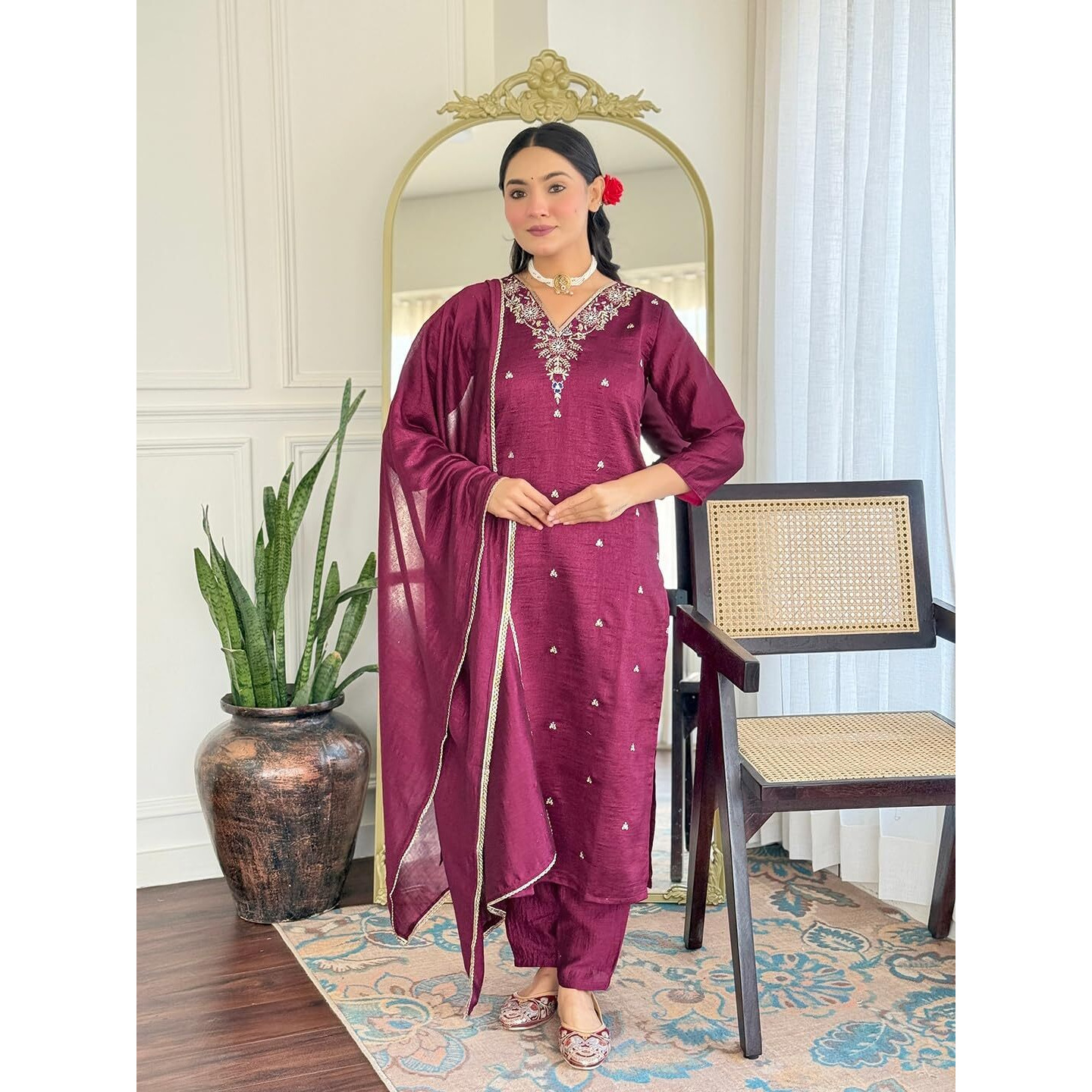 Navlik Women's Vichitra Silk Embroidered Straight Kurta with Pant and Dupatta Sets (NK-S-Jasmine) (Size Medium, Color Wine)