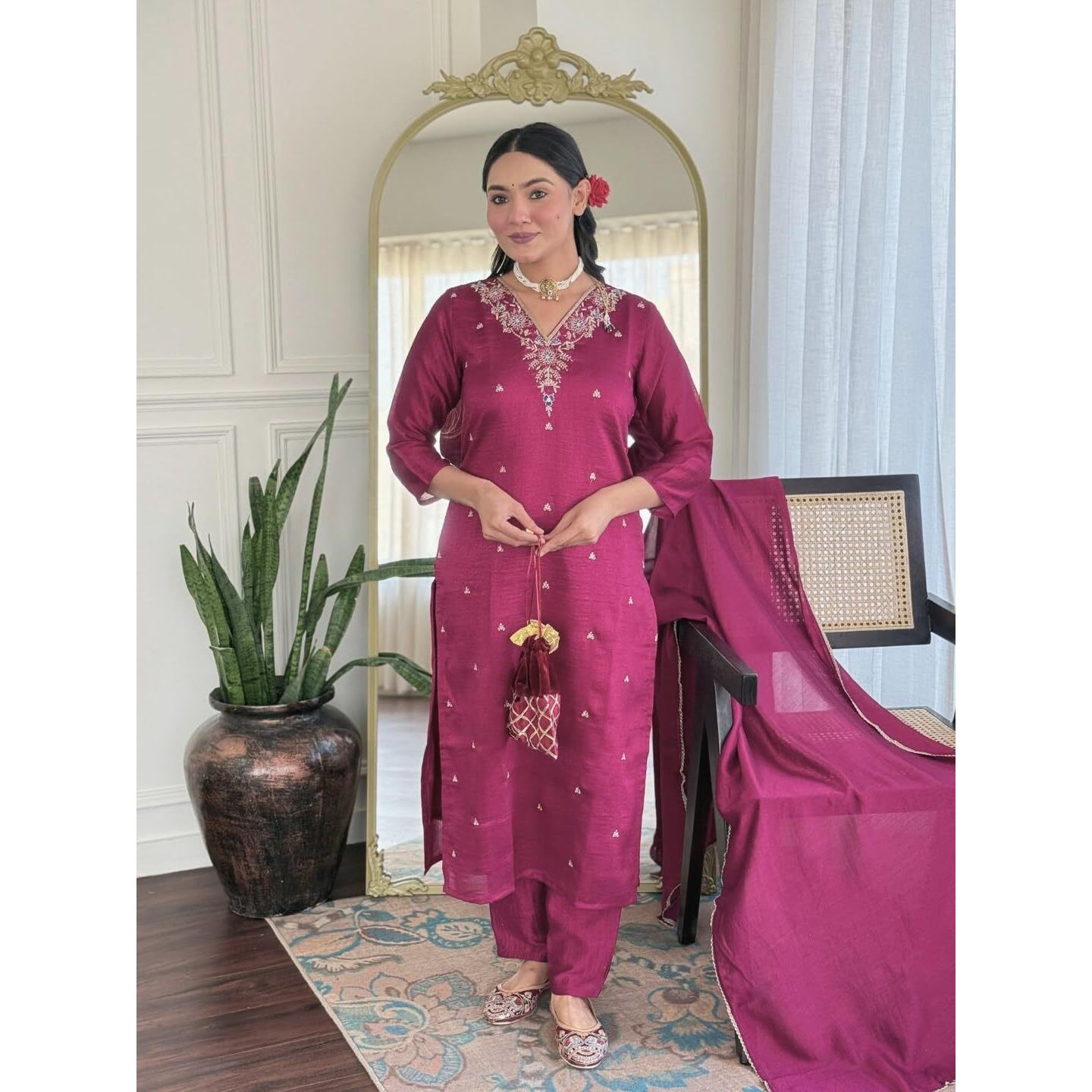 Navlik Women's Vichitra Silk Embroidered Straight Kurta with Pant and Dupatta Sets (NK-S-Jasmine) (Size Medium, Color Wine)
