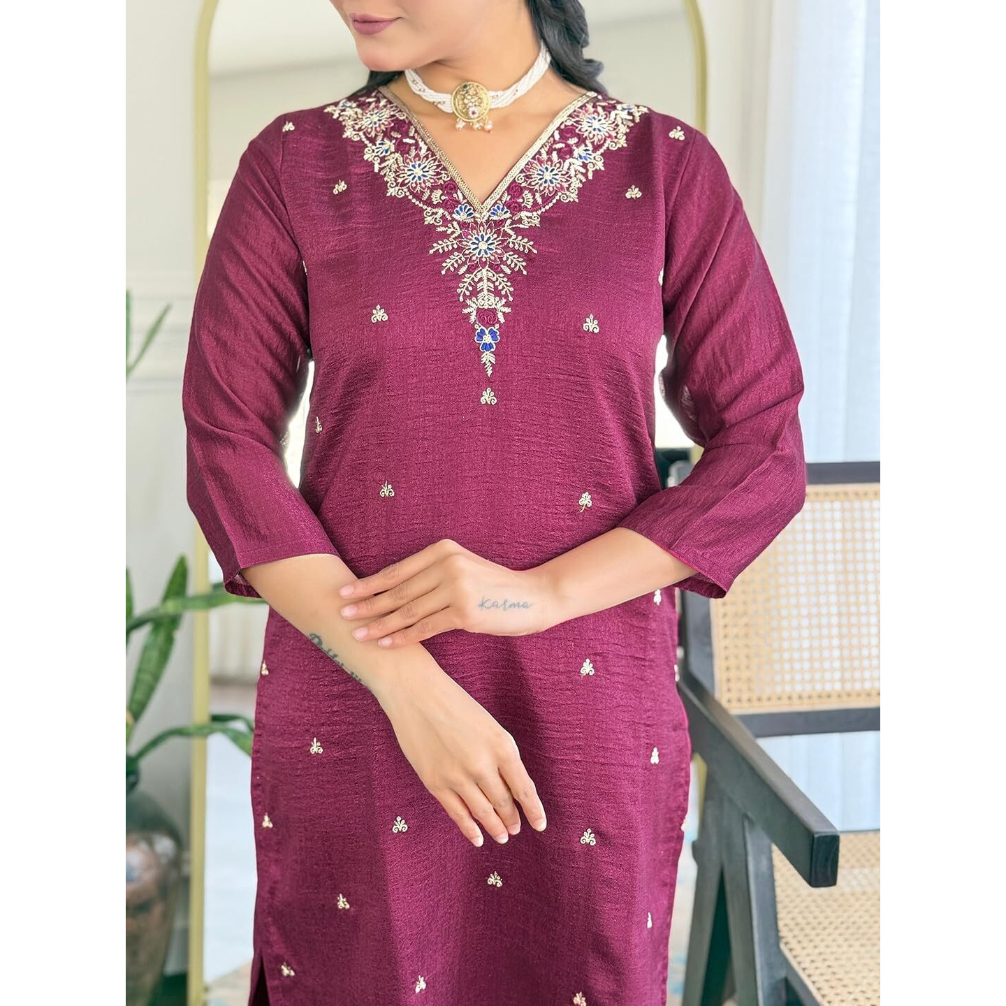 Navlik Women's Vichitra Silk Embroidered Straight Kurta with Pant and Dupatta Sets (NK-S-Jasmine) (Size Medium, Color Wine)