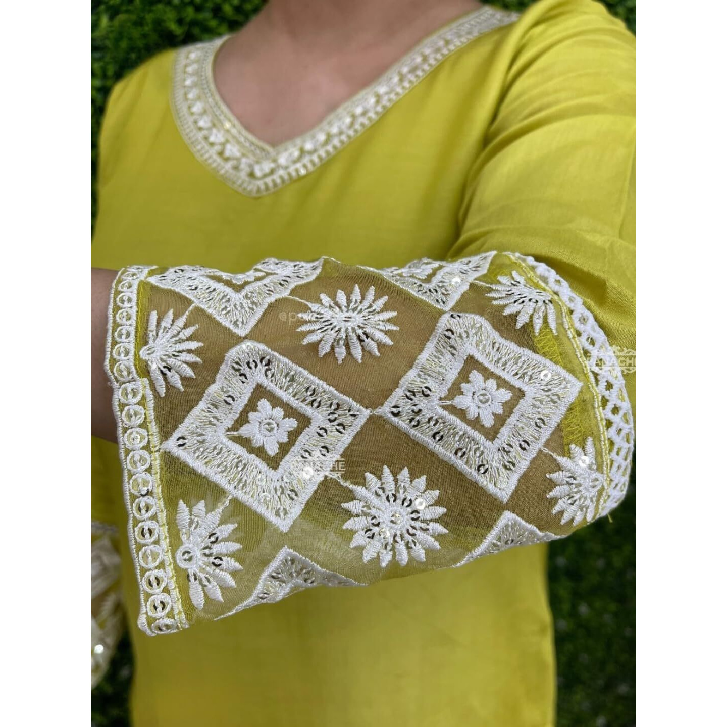 Navlik Women's Lemon Yellow Chanderi Silk Embroidered Straight Kurta with Chanderi Silk Pant and Organza Embroidered Dupatta Sets (NK-S-Kamya) (Size Large, Color Lemon Yellow)