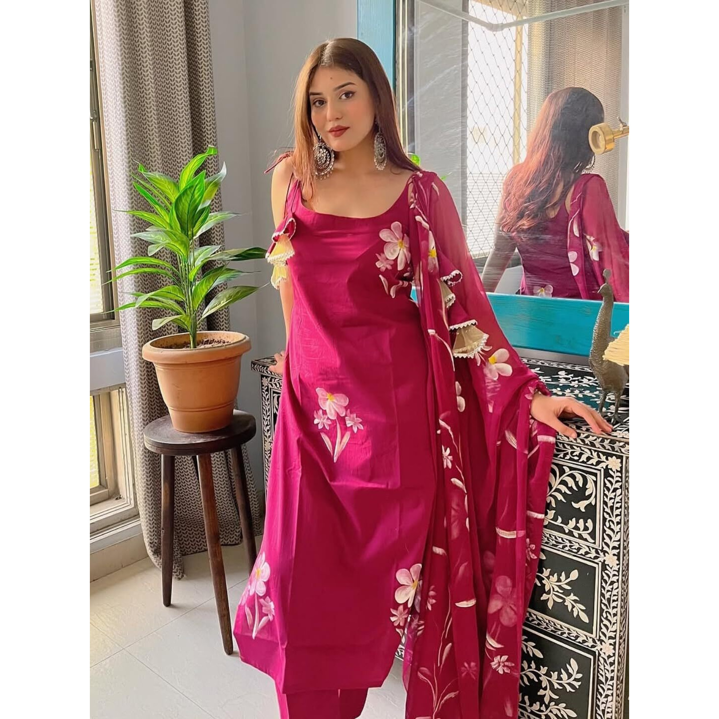 Navlik Women's French Crepe Printed Straight Kurta with Pant and Dupatta Sets (S-Kaveri) (Size X-Large, Color Maroon)