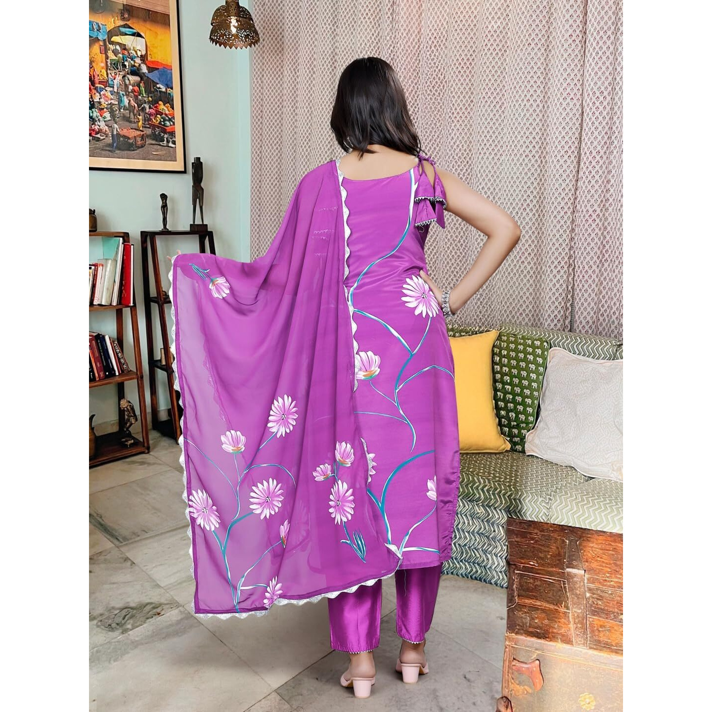 Navlik Women's French Crepe Printed Straight Kurta with Pant and Dupatta Sets (S-Kaveri) (Size Small, Color Purple)