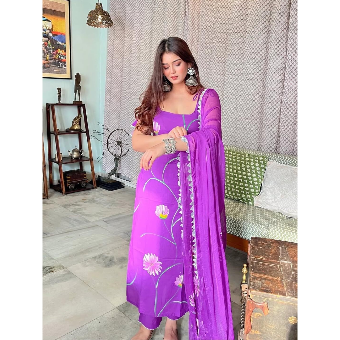Navlik Women's French Crepe Printed Straight Kurta with Pant and Dupatta Sets (S-Kaveri) (Size Small, Color Purple)