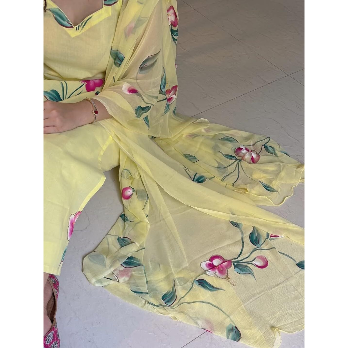 Navlik Women's French Crepe Printed Straight Kurta with Pant and Dupatta Sets (S-Kaveri) (Size Large, Color Yellow)