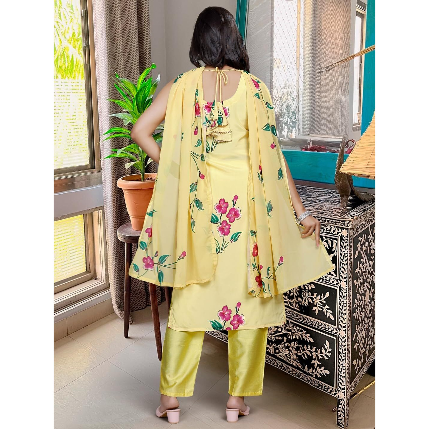 Navlik Women's French Crepe Printed Straight Kurta with Pant and Dupatta Sets (S-Kaveri) (Size Large, Color Yellow)