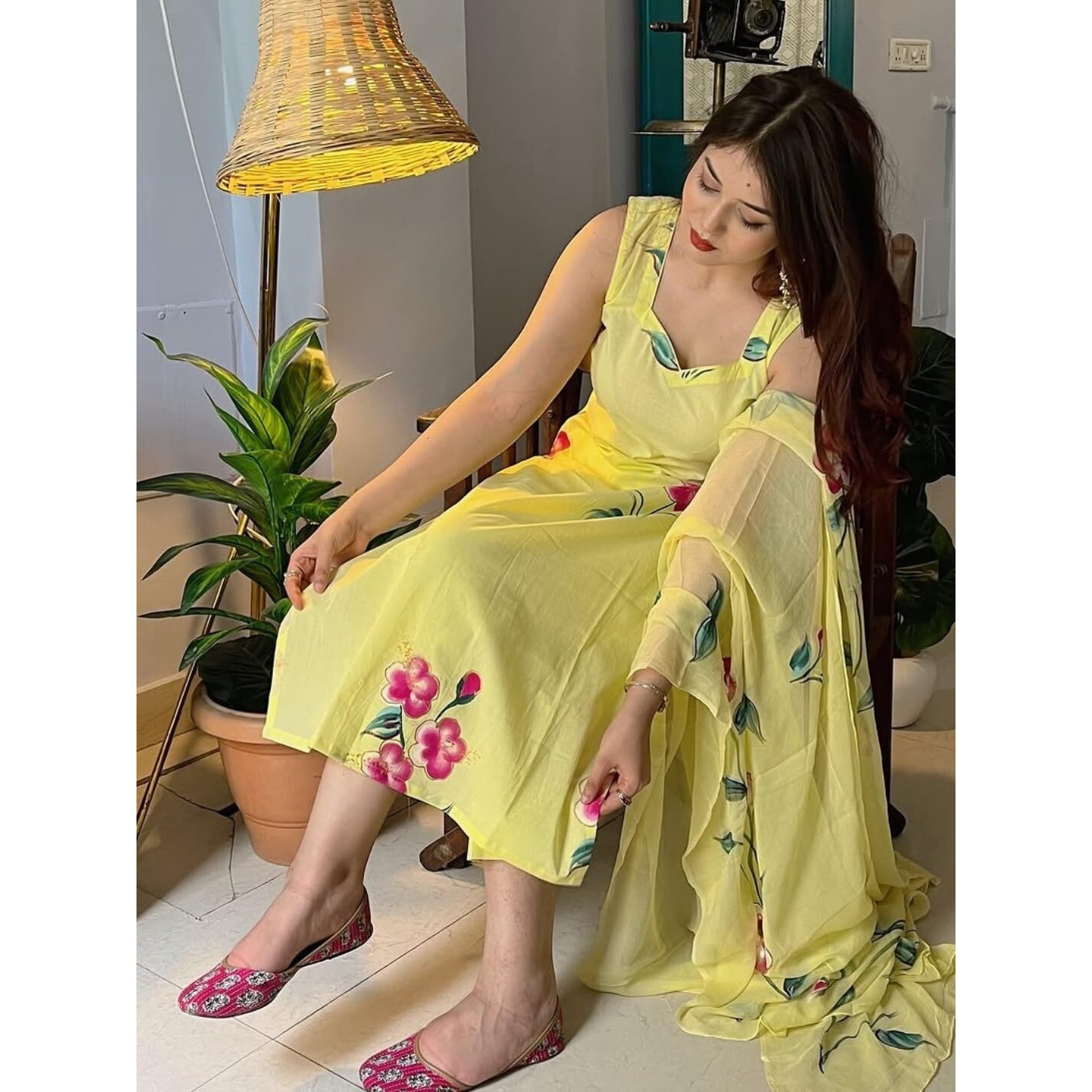 Navlik Women's French Crepe Printed Straight Kurta with Pant and Dupatta Sets (S-Kaveri) (Size Large, Color Yellow)
