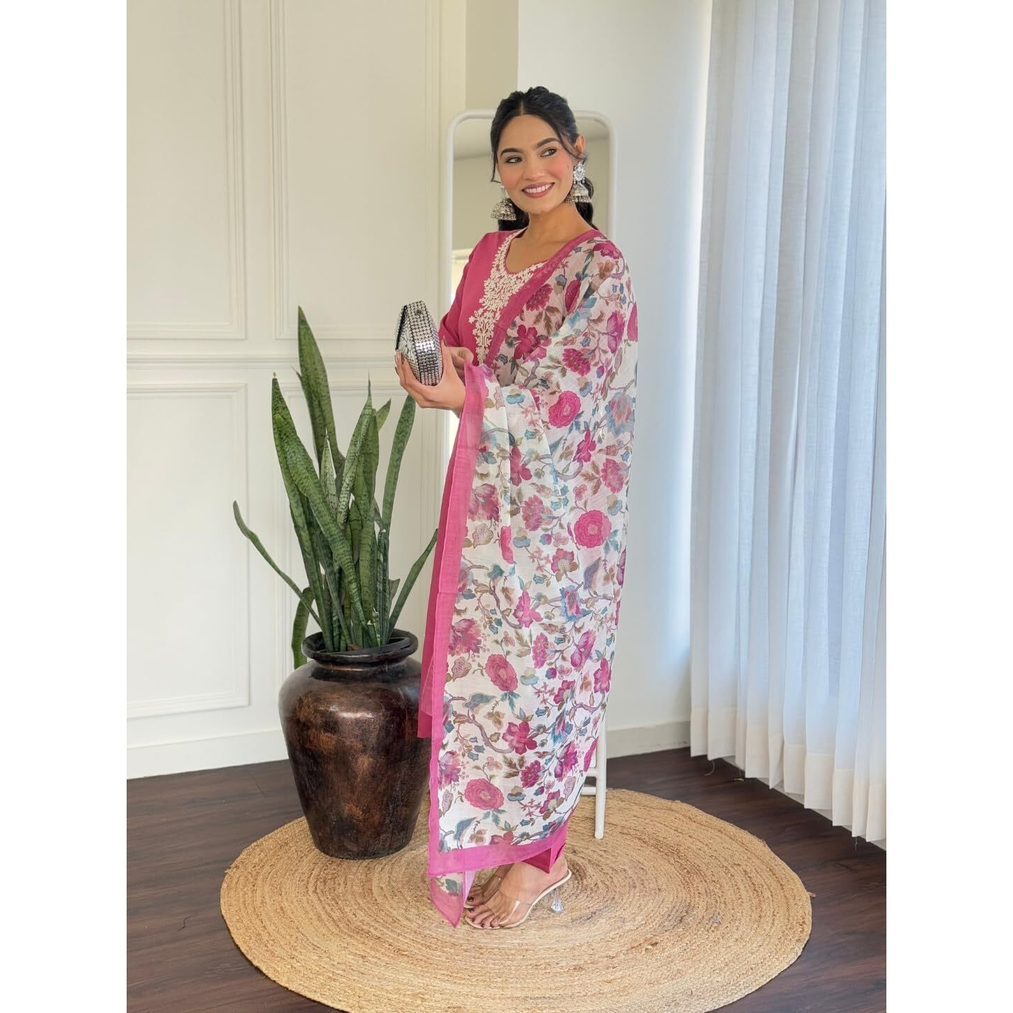 Navlik Women's Chanderi Silk Embroidered Straight Kurta Pant and Dupatta Sets (S-Liza) (Size X-Large, Color Pink)