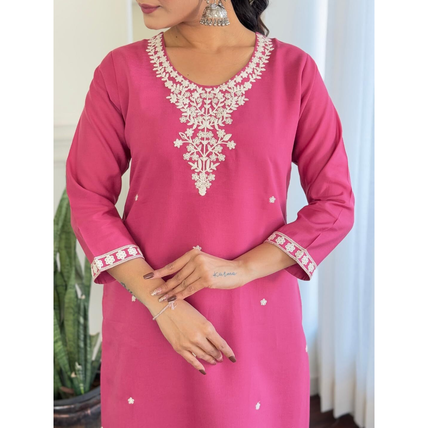 Navlik Women's Chanderi Silk Embroidered Straight Kurta Pant and Dupatta Sets (S-Liza) (Size X-Large, Color Pink)