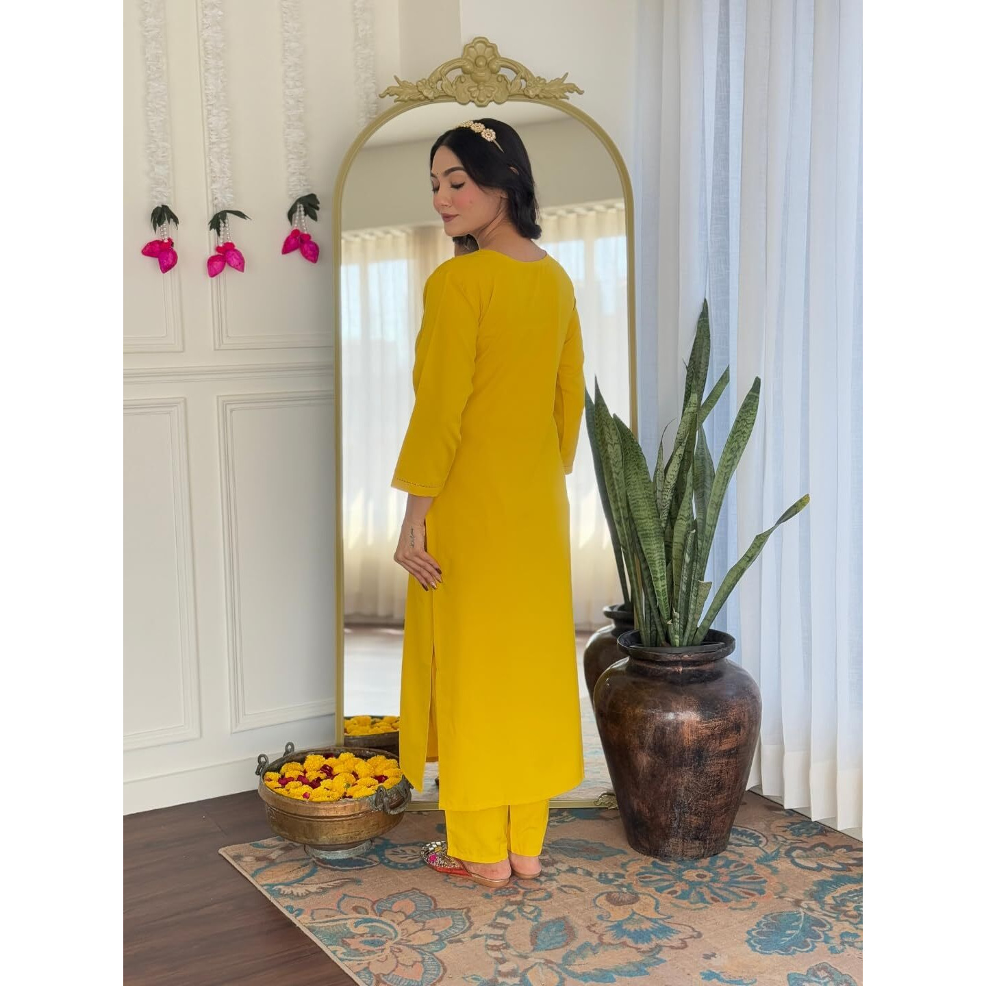 Navlik Women's Rayon Embroidered Straight Kurta Pant and Dupatta Sets (S-Lucy) (Size Small, Color Yellow)
