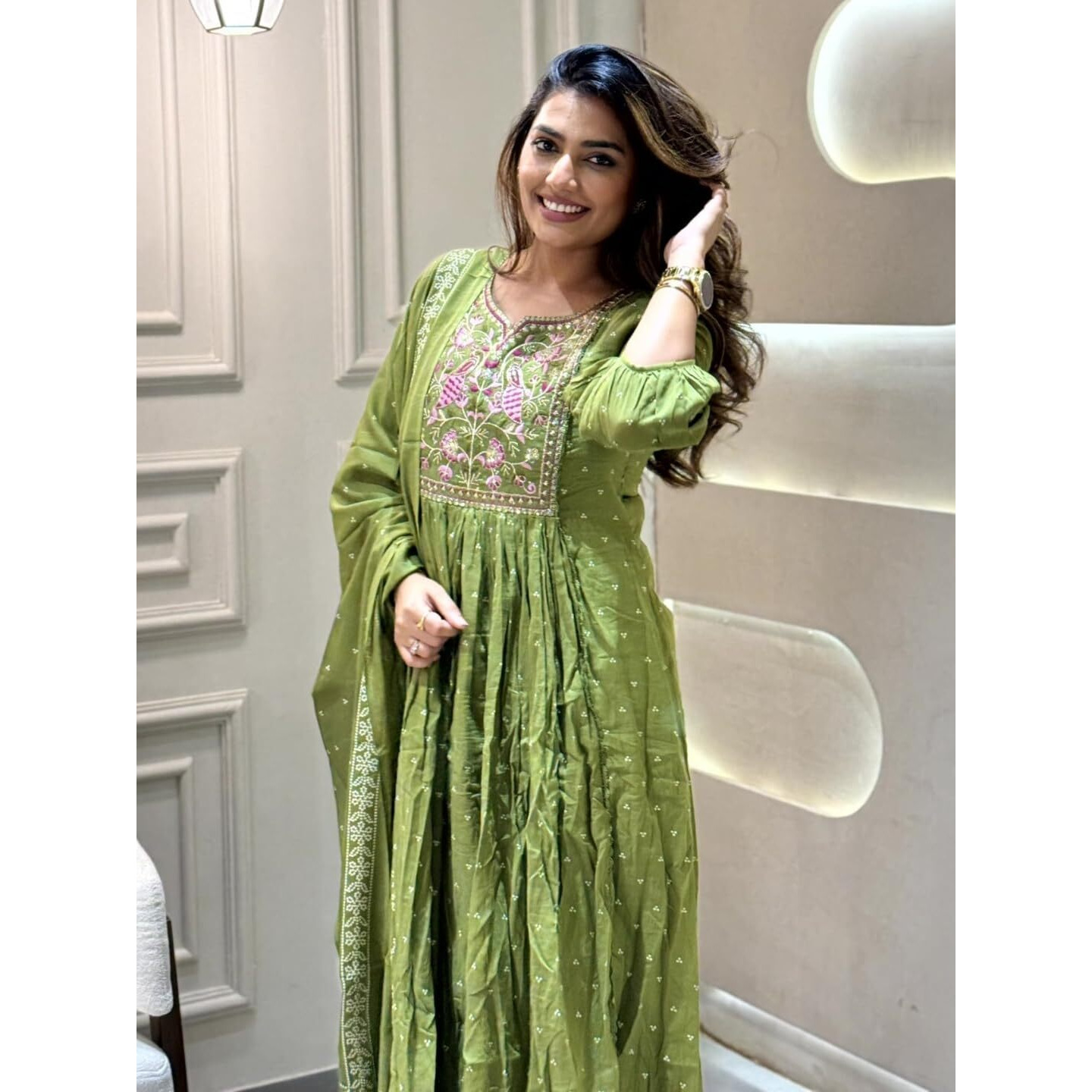 Navlik Women's Cotton Embroidered Straight Kurta with Pant and Dupatta Sets (S-Moksha) (Size X-Large, Color Green)