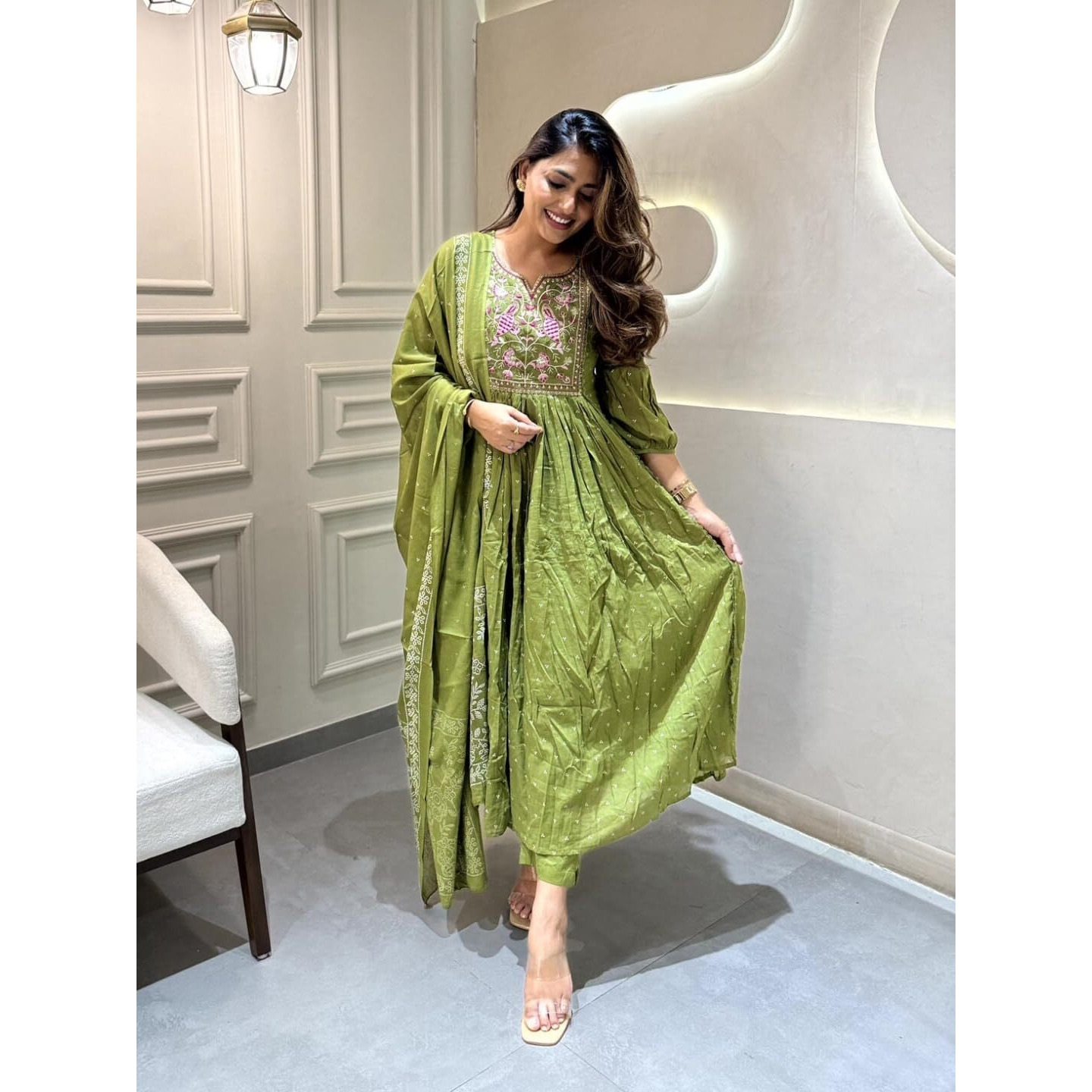 Navlik Women's Cotton Embroidered Straight Kurta with Pant and Dupatta Sets (S-Moksha) (Size X-Large, Color Green)