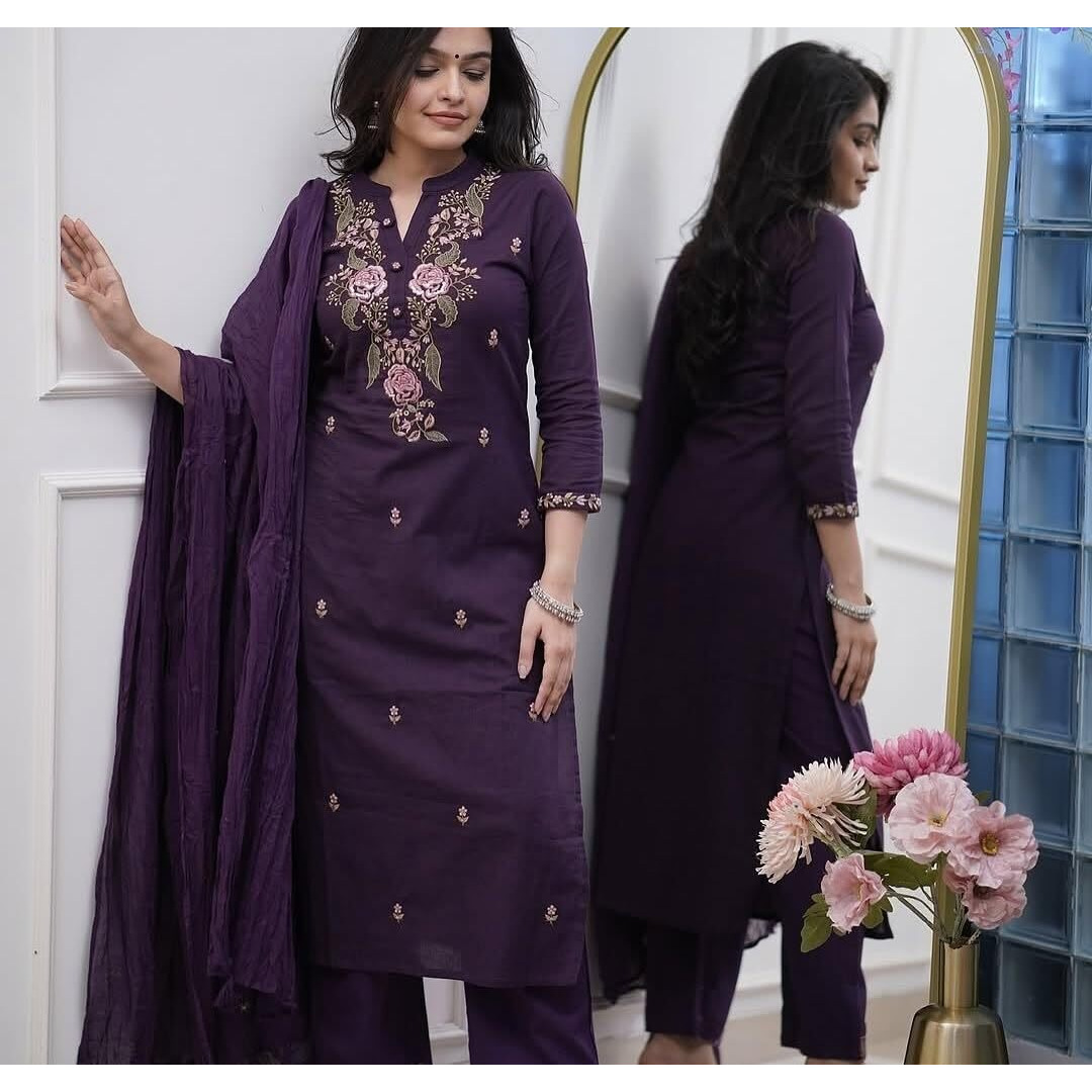 Navlik Women's Rayon Slub Embroidered Straight Kurta with Pant and Dupatta Sets (NX-S-Monika) (Size Medium, Color Wine)