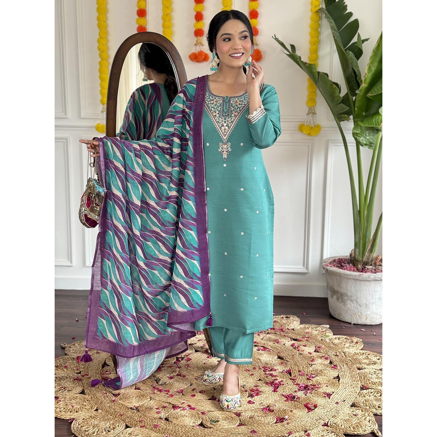 Navlik Women's Chanderi Viscose Embroidered Straight Kurta with Pant and Dupatta Sets (S-Namrata) (Size X-Large, Color Firoji)