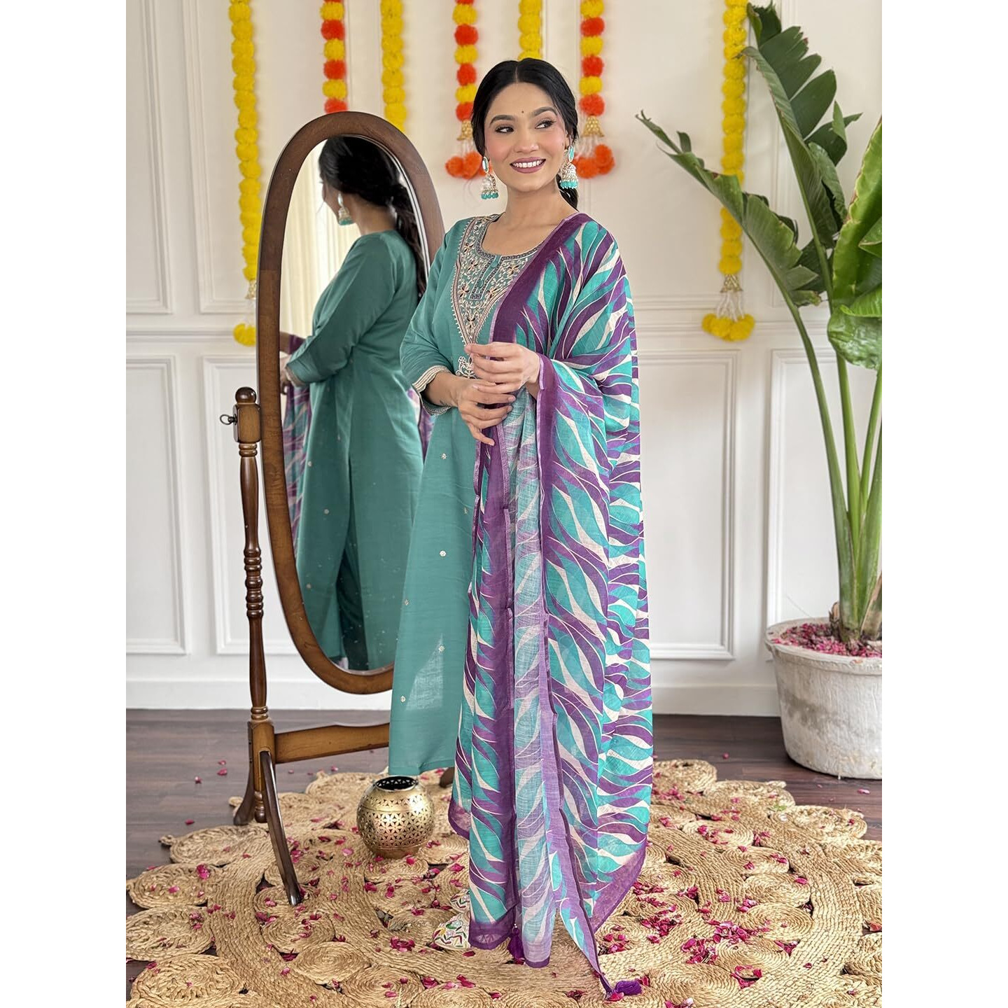 Navlik Women's Chanderi Viscose Embroidered Straight Kurta with Pant and Dupatta Sets (S-Namrata) (Size X-Large, Color Firoji)