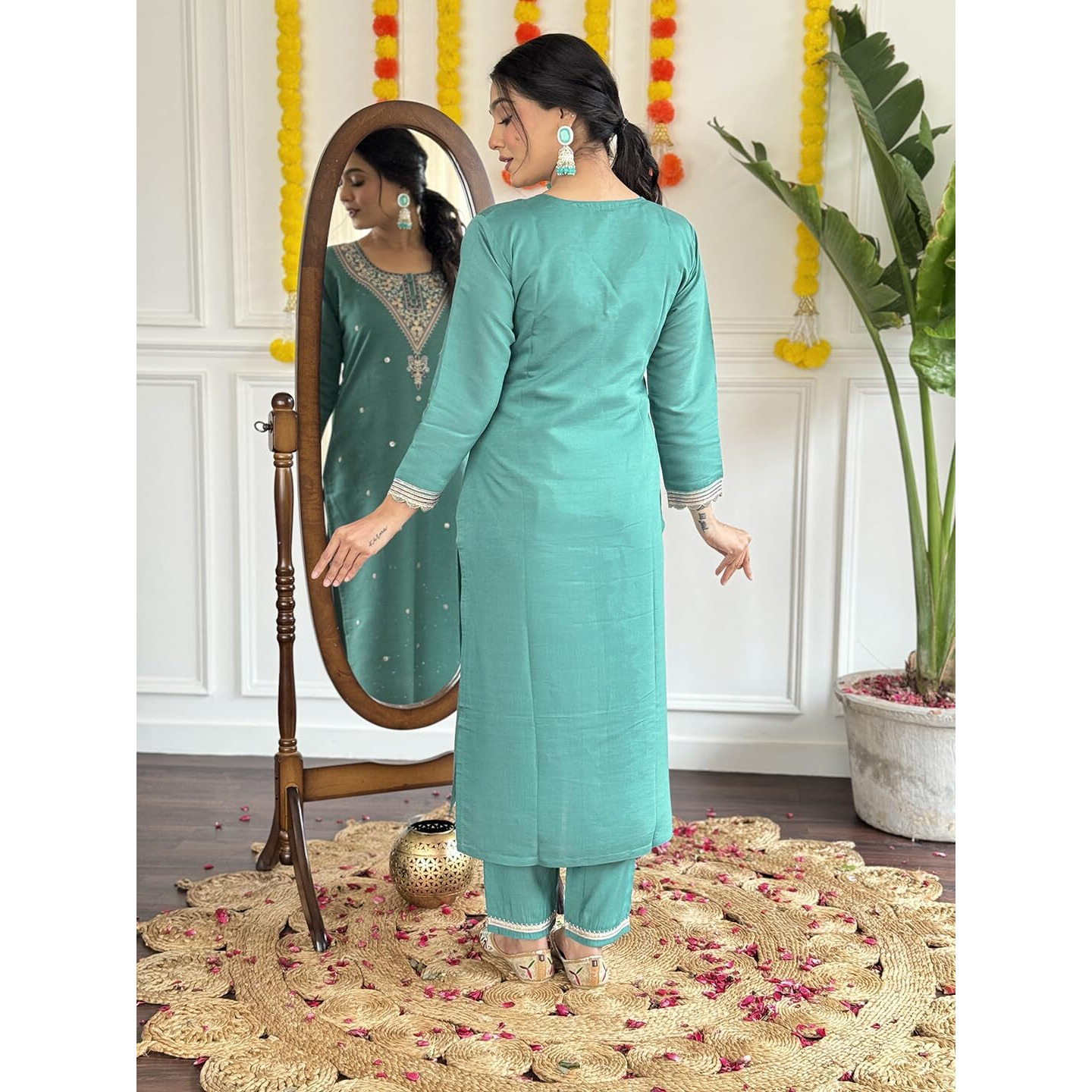 Navlik Women's Chanderi Viscose Embroidered Straight Kurta with Pant and Dupatta Sets (S-Namrata) (Size X-Large, Color Firoji)